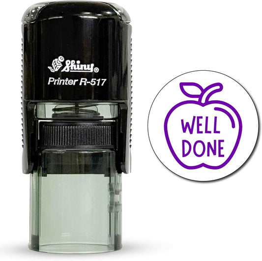 Shiny Well Done Teacher Stamp, Round Self Inking Stamp for Classroom, Purple Ink