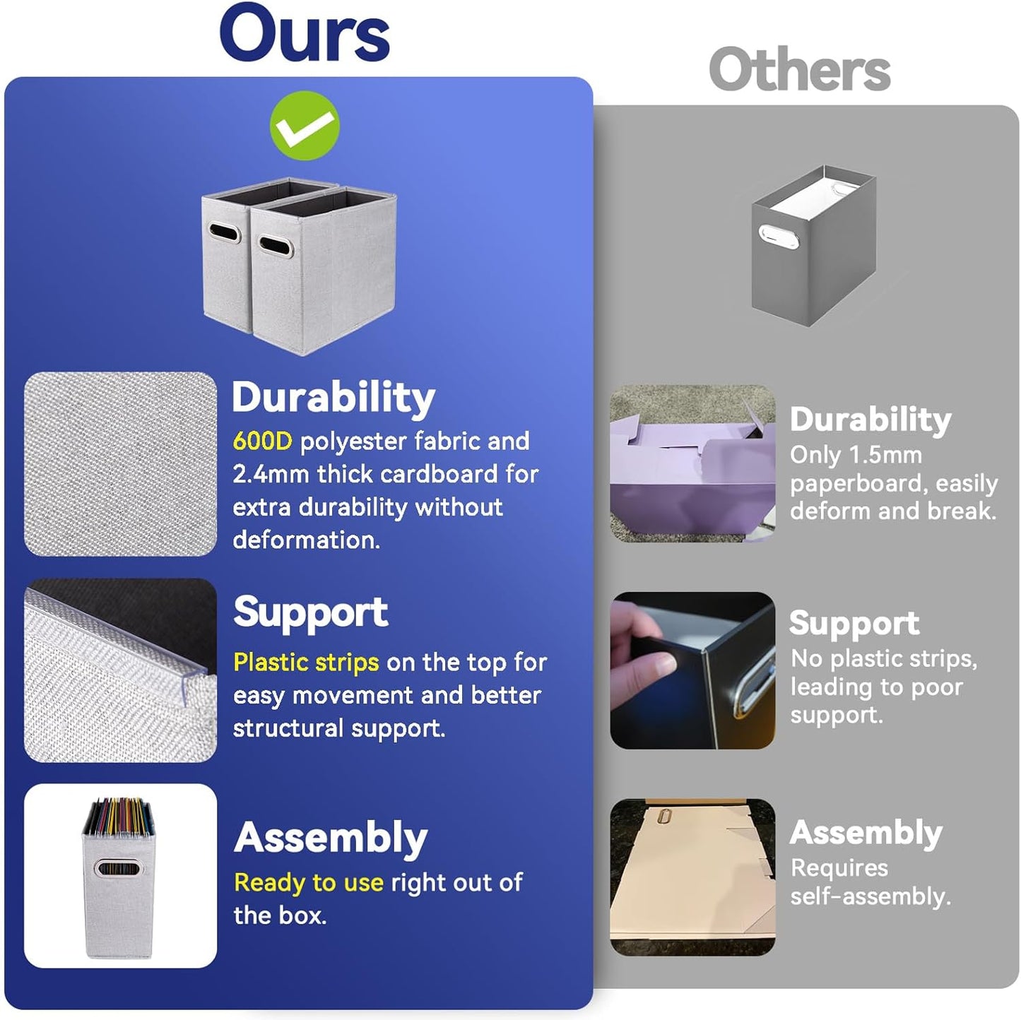 4 Packs Letter Size File Organizer, File Folders Organizer, Fabric Storage Box, Collapsible Paper Organizer with Metal Handle, Smooth PVC Rails, Only Box (Light Gray)