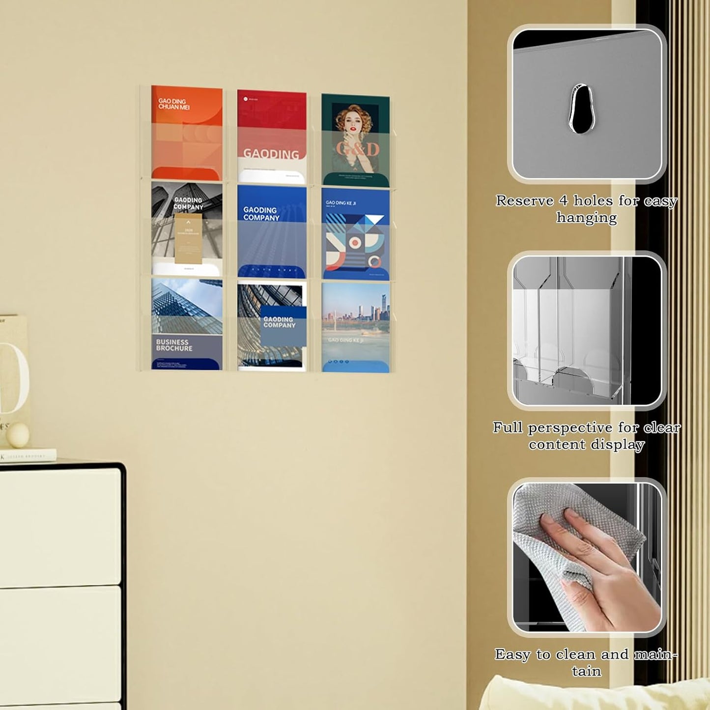 Acrylic Brochure Pamphlet Holder, 9 Magazine Holders, Clear Brochure Display Stand Wall Mount, Trifold Flyer Rack, Literature Storage Rack for Home, Offices, Waiting Room