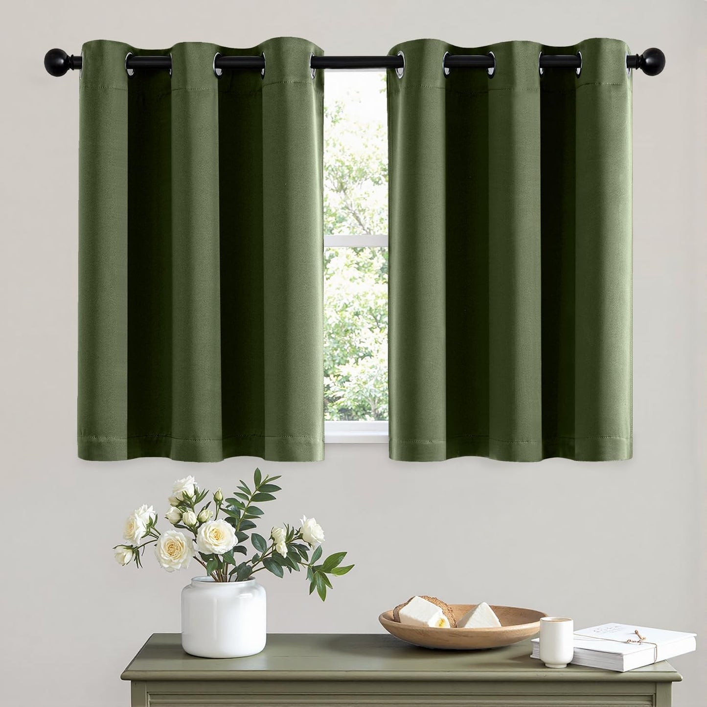 MIULEE Short Curtains for Windows - Olive Green Blackout Half Window Curtains Thermal Insulated Privacy Drapes for Kitchen Bedroom Bathroom Grommet Top Small Basement Tiers W40 x L36 Inch 2 Panels