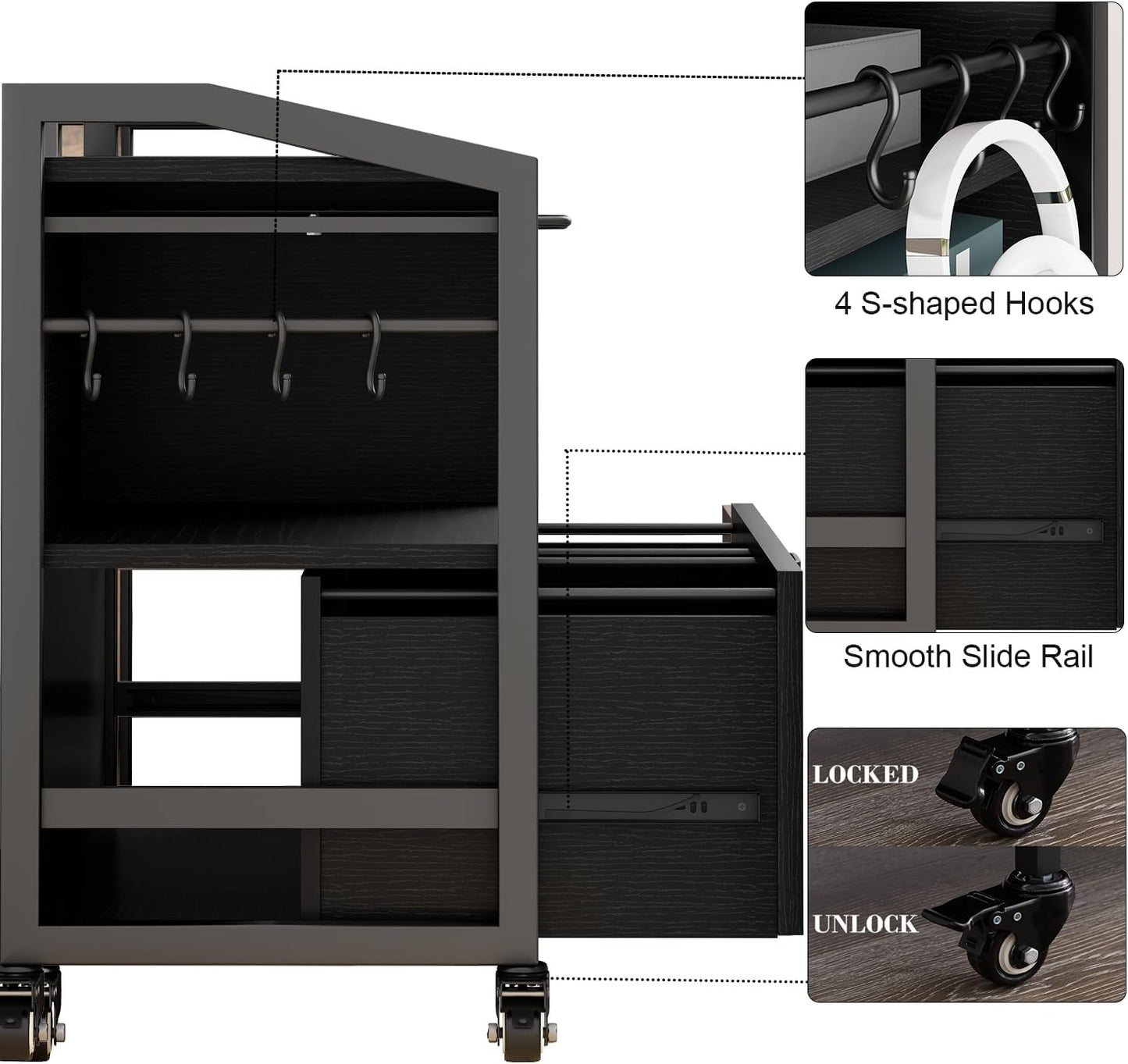 HSH Rolling Lateral File Cabinet with Storage Drawer, Black Mobile Filing Cabinet for Legal/Letter Size, Wood Metal Printer Stand with Shelves, Wheels & Hanging File Folder for Home Office Desk, 33 In