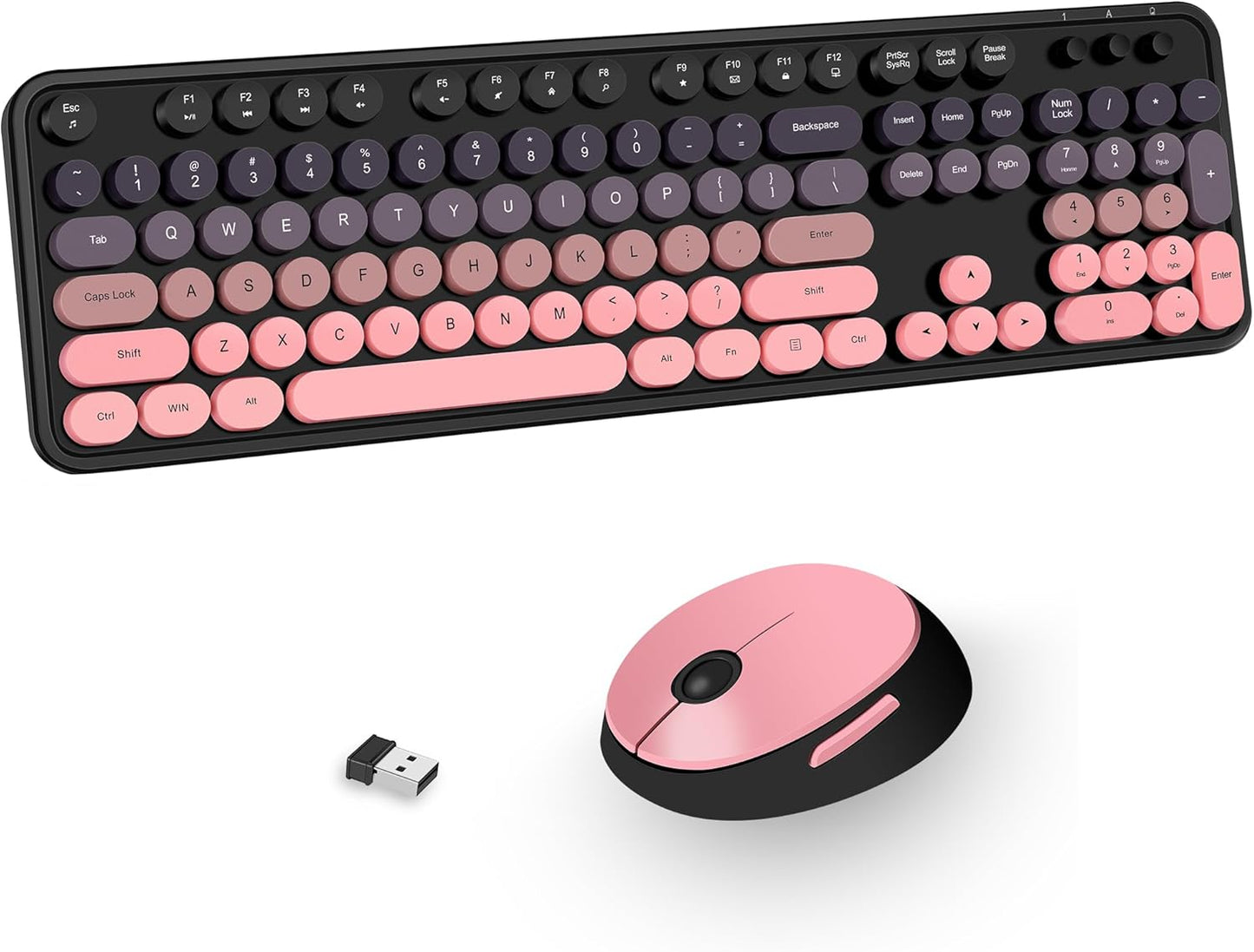 Wireless Keyboard and Mouse Combo, Cute Colorful 104 Keys Typewriter Retro Round Keycaps Keyboard for PC Laptop,Desktop,Windows, Home and Office Keyboards(Black Pink)