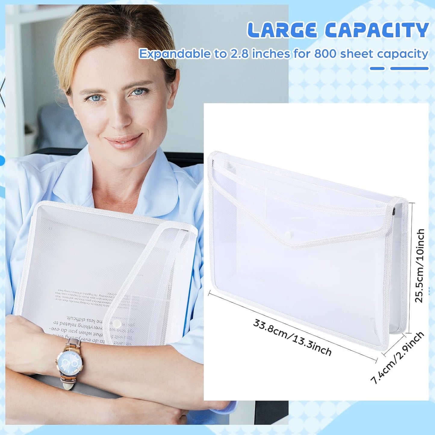 4 Pack A4 Expanding Plastic File Folders Waterproof Document Organizer with Snap Button Multiple Pockets, Office Home Office Storage (White)