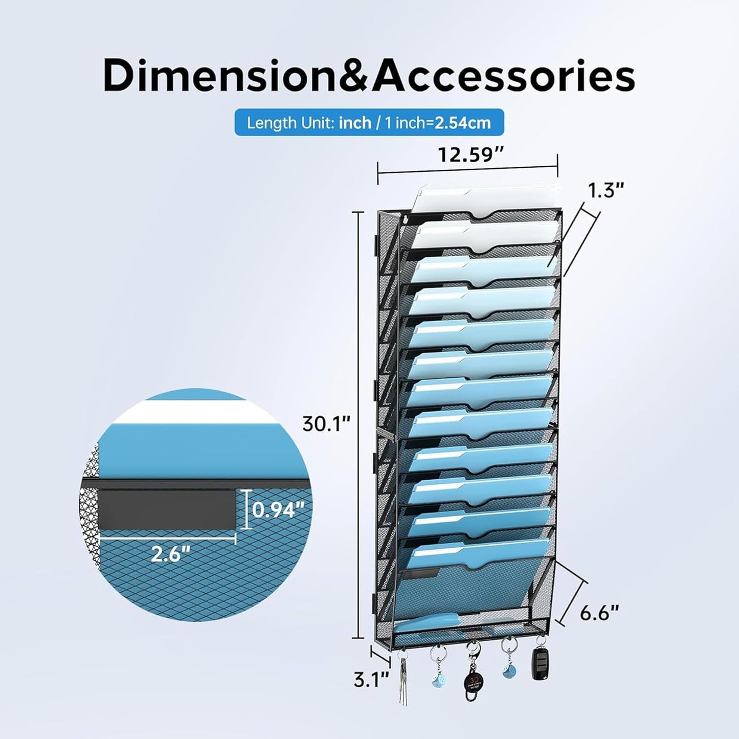 SUPEASY 13-Tier Wall File Holder Organizer with Hooks, Mesh Hanging File Organizer, Mail Organizer Wall Mounted for Papers, Folders, Office Magazine Rack, Assembly Needed, Black 2 pack
