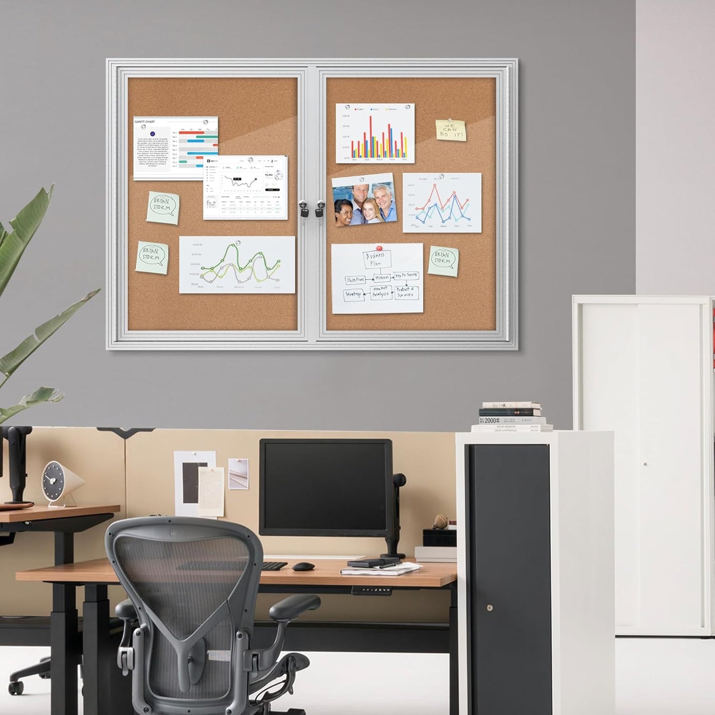 48"x34" Enclosed Bulletin Board, Outdoor Lockable Weather-Resistant Aluminum Cork Noticeboard for School & Office, Silver Frame w/Cork