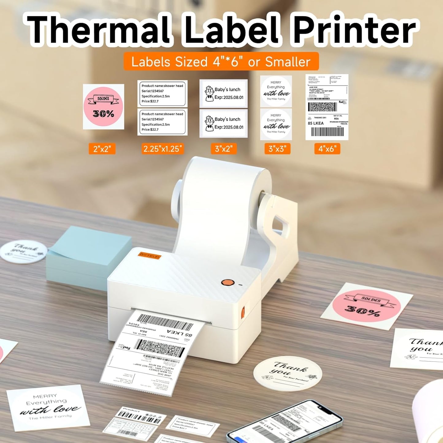 Bluetooth Thermal Shipping Label Printer, Wireless 4x6 Shipping Label Printer for Small Business, Support iOS, Android, Windows and Mac, Compatible with Amazon, Ebay, Shopify, Etsy, USPS.