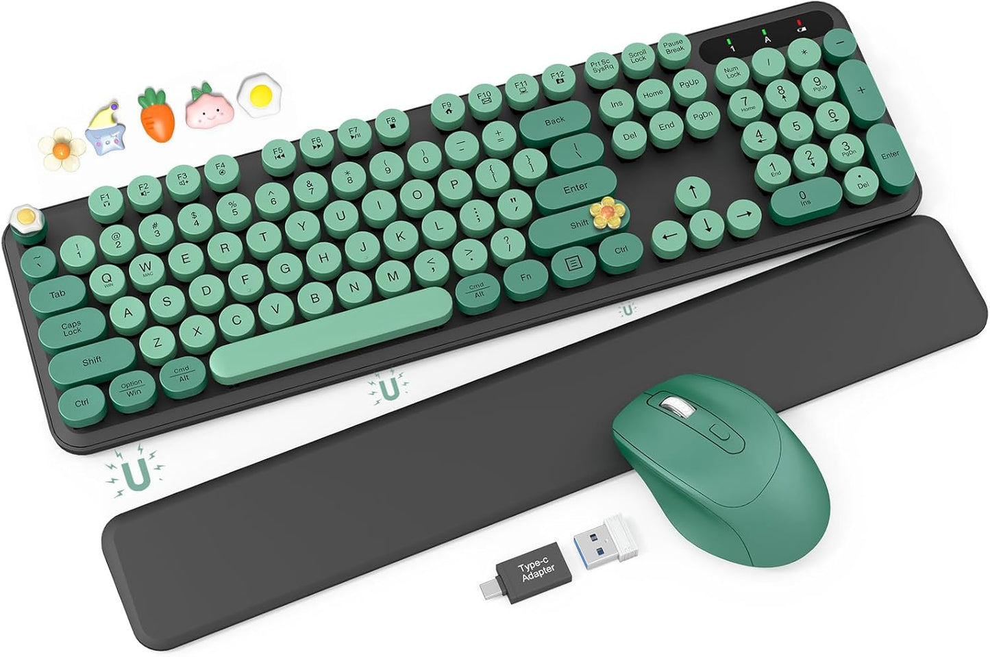 Wireless Keyboard and Mouse Combo - Cute Typewriter Keyboard with Detachable Wrist Rest, Retro Round Keycaps, Foldable Legs, 2.4GHz Keyboards for PC Laptop, Mac, Windows - Trueque (Black and Green)