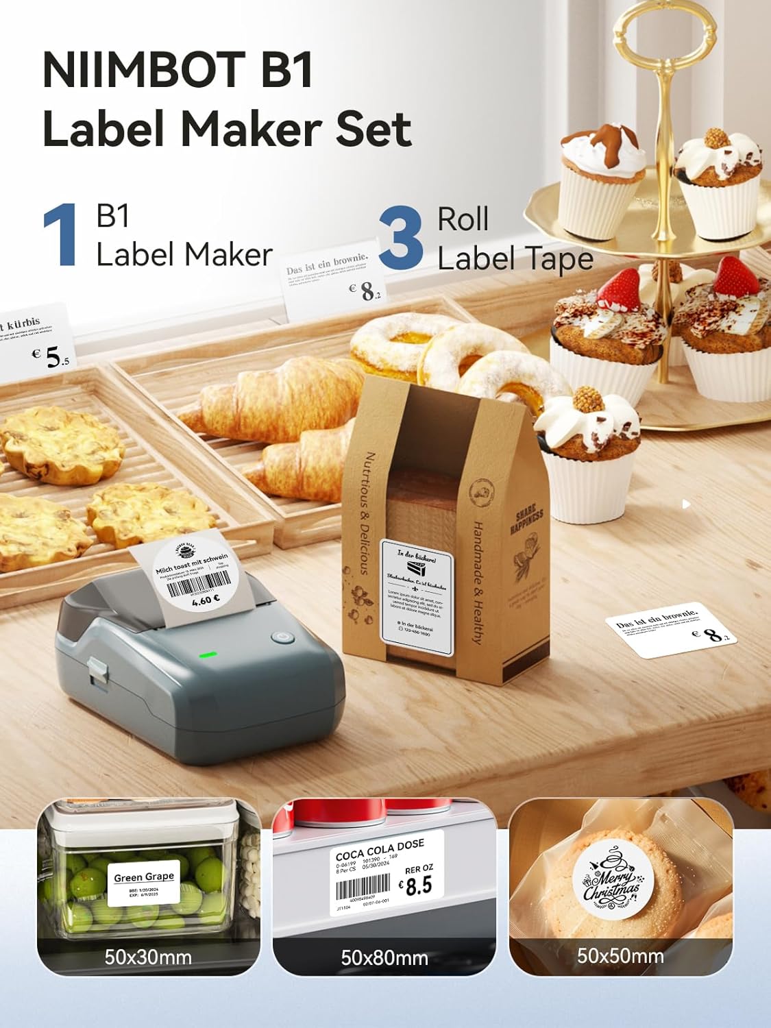 NIIMBOT B1 Label Maker Machine with 3 Tapes, 50x30mm/50x80mm/ 50x50mm Round Labels, Bluetooth Thermal Label Printer for Small Business,Office,Home,School (Blue, 1 Printer+3 Roll Label)