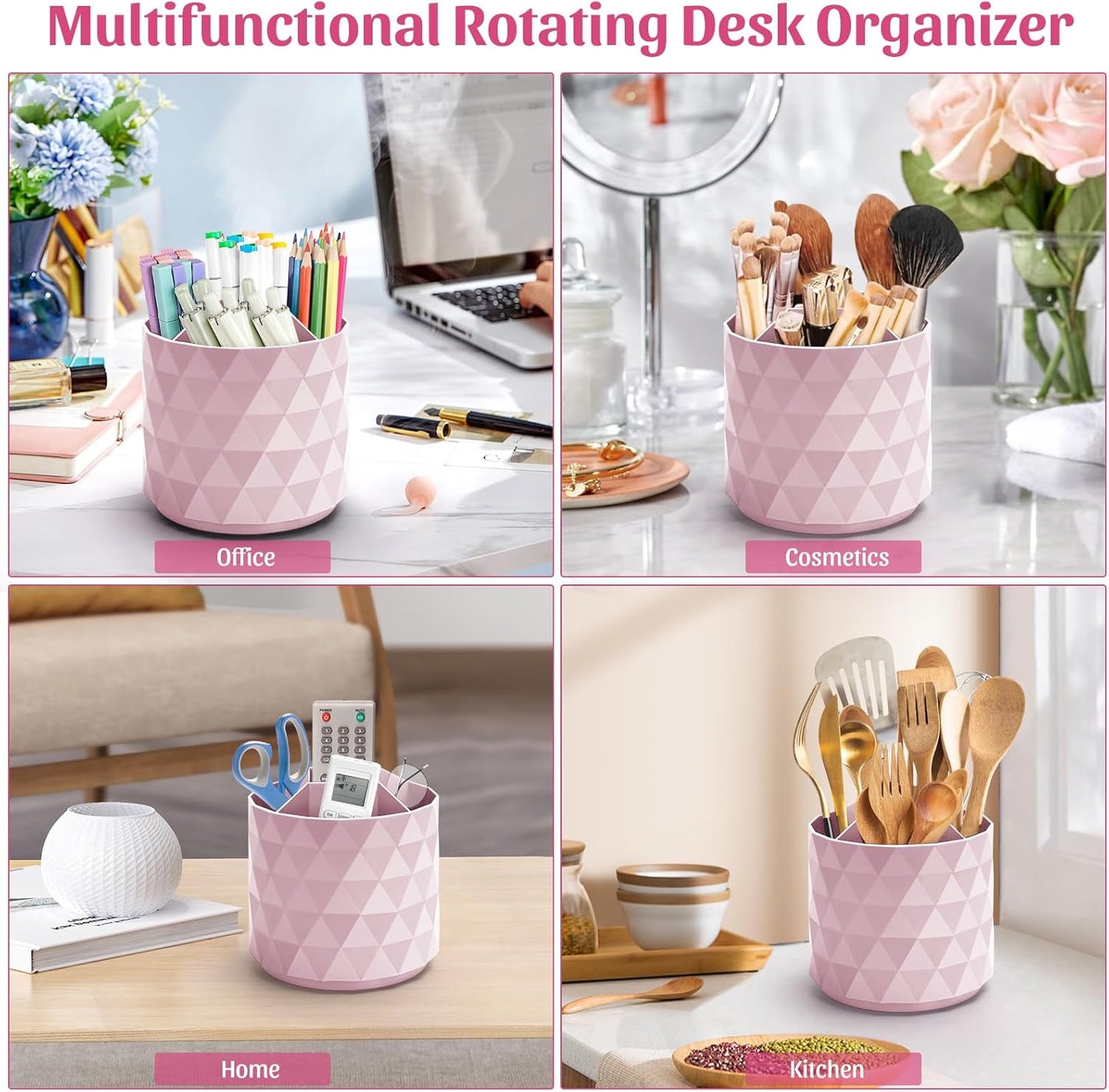 Desk Organizer,Sparkling Diamond-like Pen Holder for Desk 360°Rotating Office Accessories,Pencil Cup with 5 Compartments Storage Box Caddy for Office,School,Home,Art Supply(Pink)