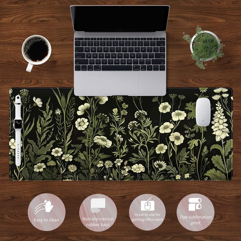 Floral Green Plant Mouse Pad Aesthetic Vintage Desk Pad Black Extended Mouse Pad Large Desk Mat for Desktop Keyboard Pad and Office Home Work Mouse Pad XXL Laptop Computer Mat 31.5 X 11.8 in