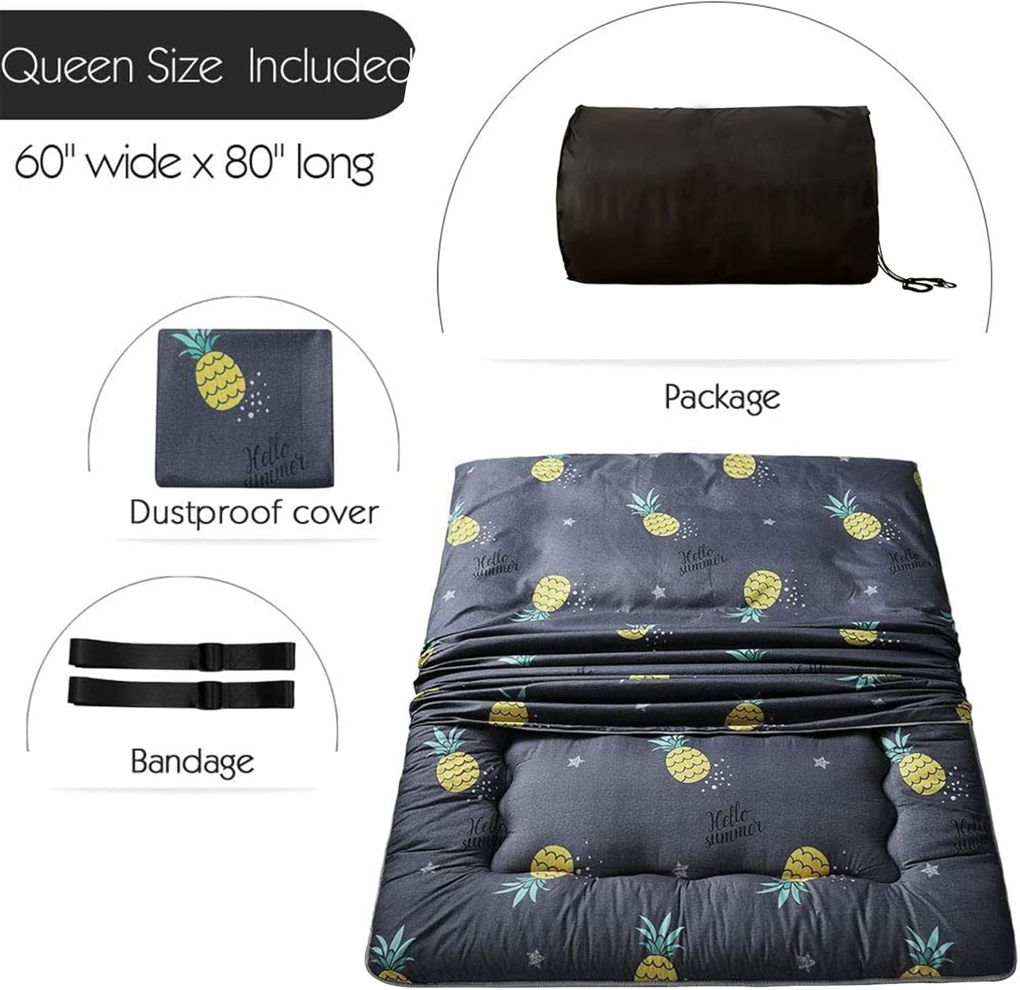 Grey Pineapple Japanese Floor Futon Mattress, Tatami Floor Mat Portable Camping Mattress Kids Sleeping Pad Foldable Roll Up Floor Lounger Couch Bed Queen Size with Mattress Protector Cover