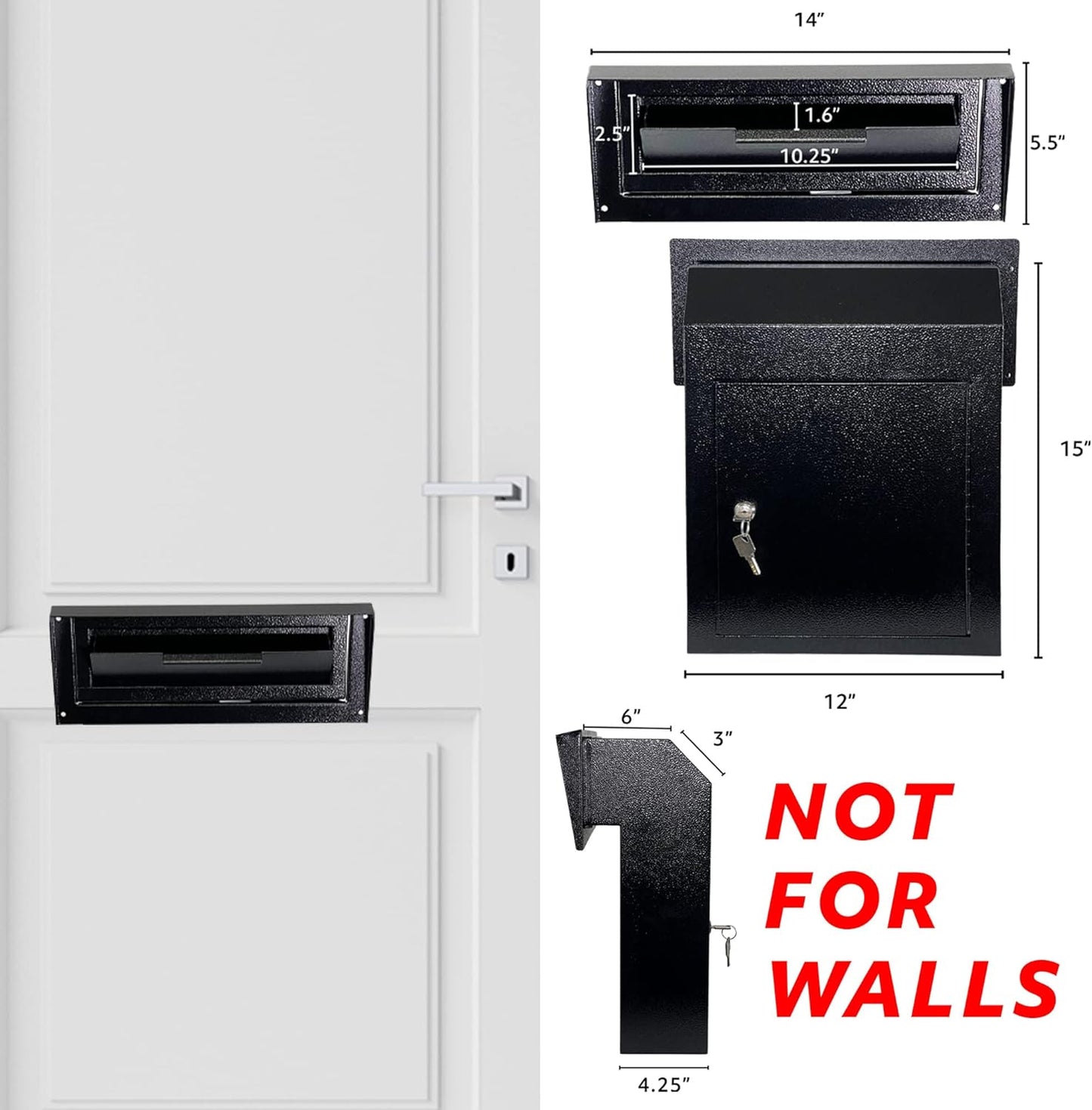 Pochar Rainproof Heavy Duty Mailbox Door Drop Box - Galvanized Steel Weatherproof Mailbox for Keys, Deposit, Payment, Mails - Through The Door Mail Drop Box (Black)