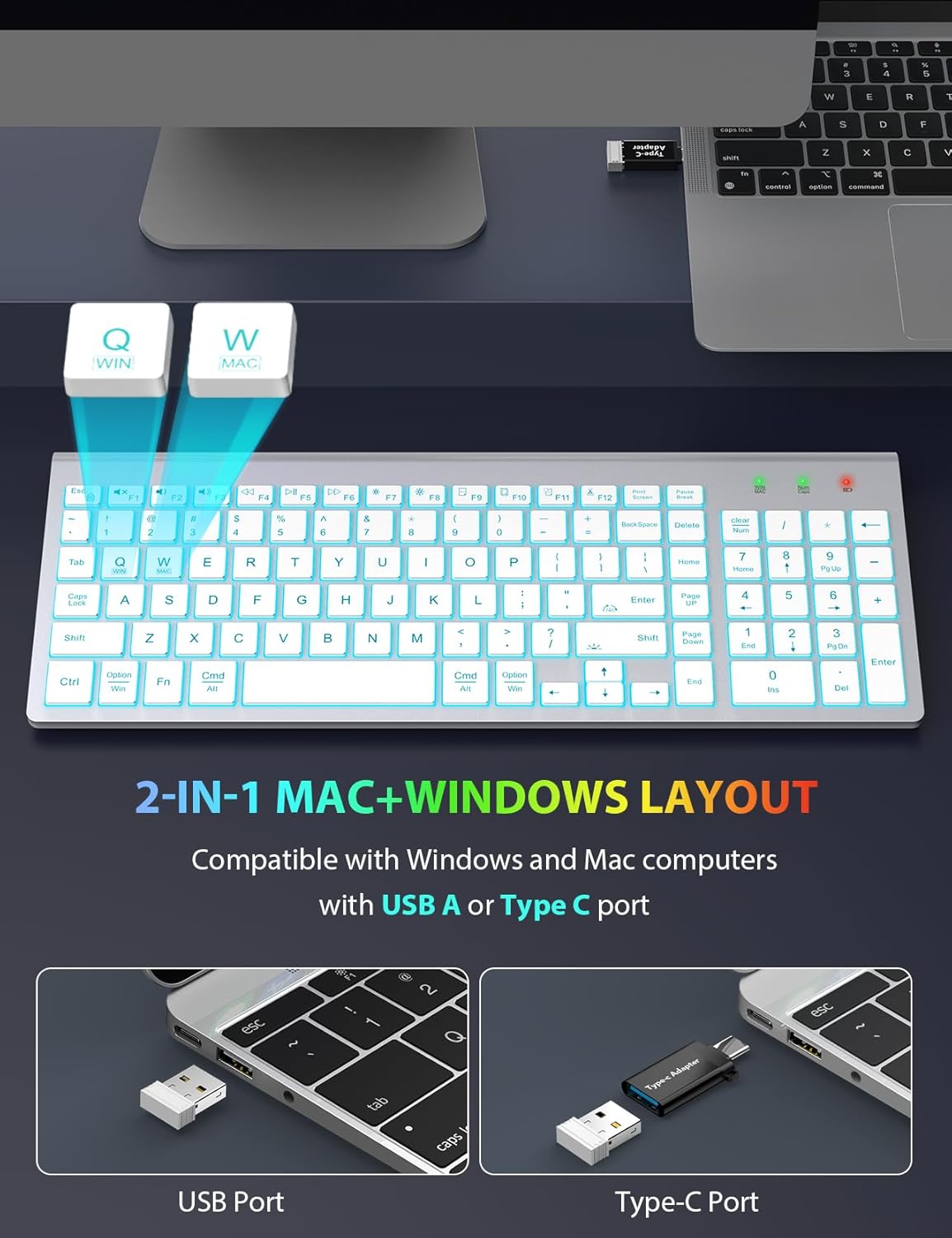 SABLUTE Wireless Keyboard and Mouse Combo Backlit - Compact Quiet Keyboard with RGB Mouse, Rechargeable, Slim, Sleep Mode, Portable Cordless Set for Mac, Windows, Laptop, PC (Silver White)
