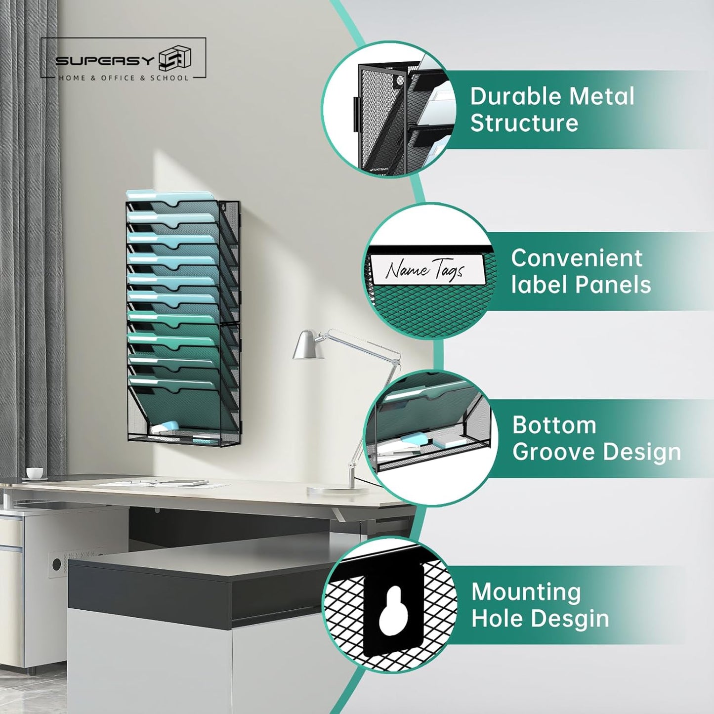 SUPEASY 11-Tier Wall File Organizer, Hanging Wall Files for Papers, Folders, Magazines, Wall Organizer for Clipboard, Assembly Needed, Black, 2 Pack