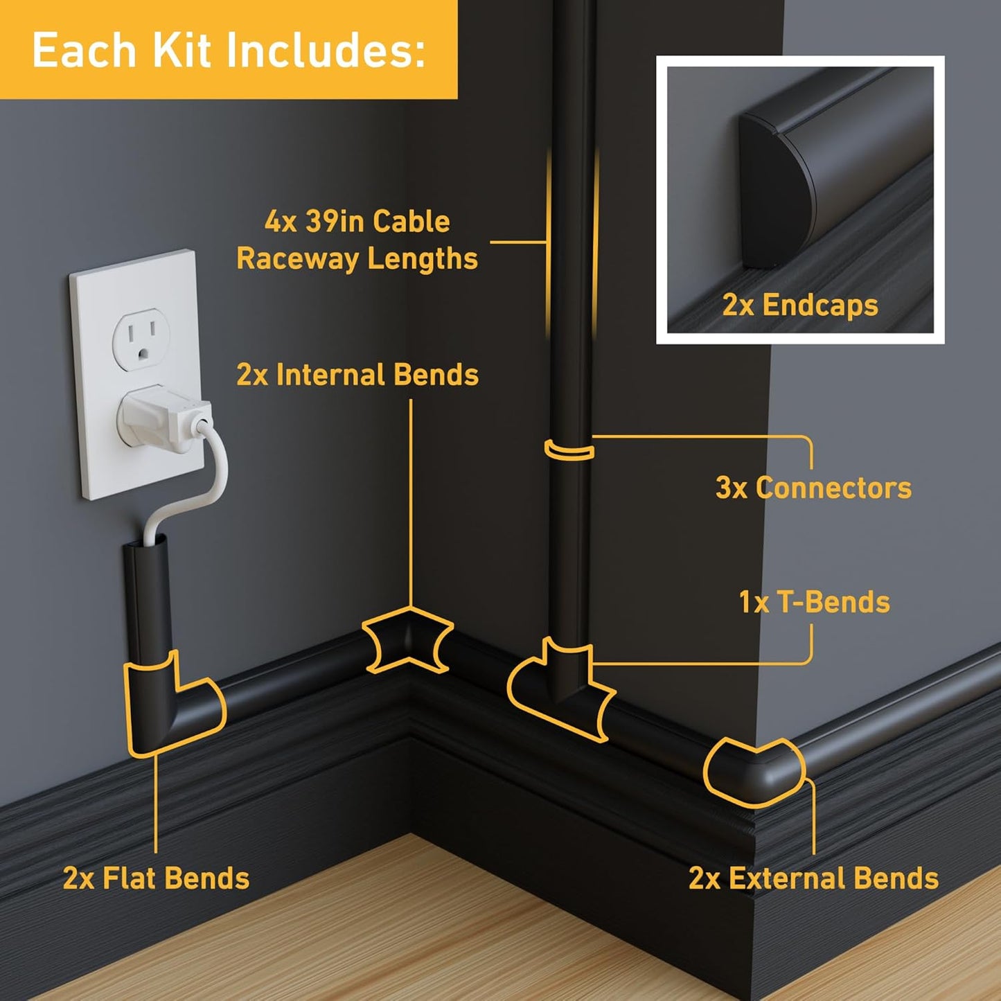 D-Line 13.12ft Cord Hider Kit, Patented Cable Cover, Hide Wires on Wall, Channel for TV Mount Cords, Raceway Wire Hiders, Paintable, Adhesive, Half Round, 4X 1.18in W x 0.59in H x 39in Lengths, Black