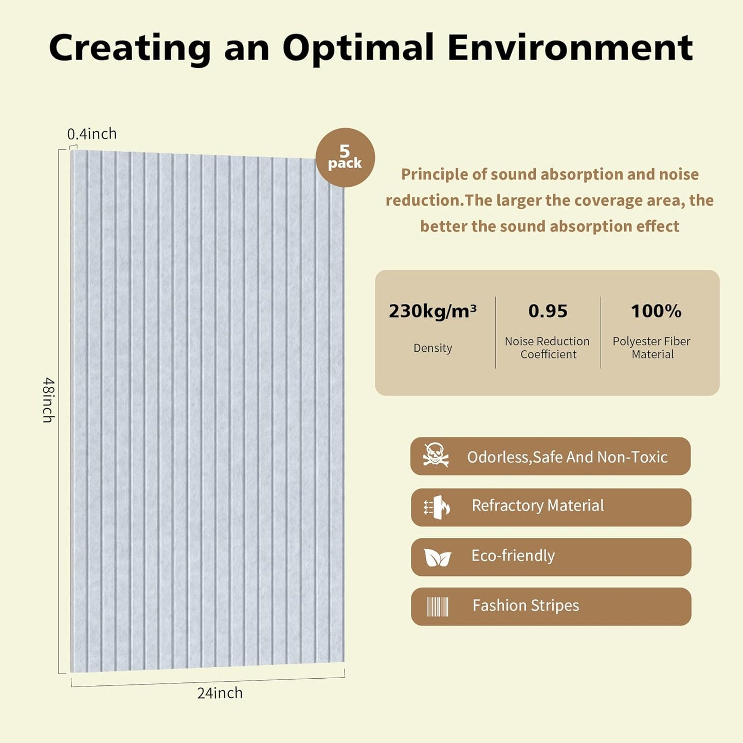 Acoustic Panels,5 Pack Sound Panels,48"x24"x0.4" Soundproof Wall Panels,High-Density Large Acoustic Panels,Decorative Sound Dampening Panels,Light Camel