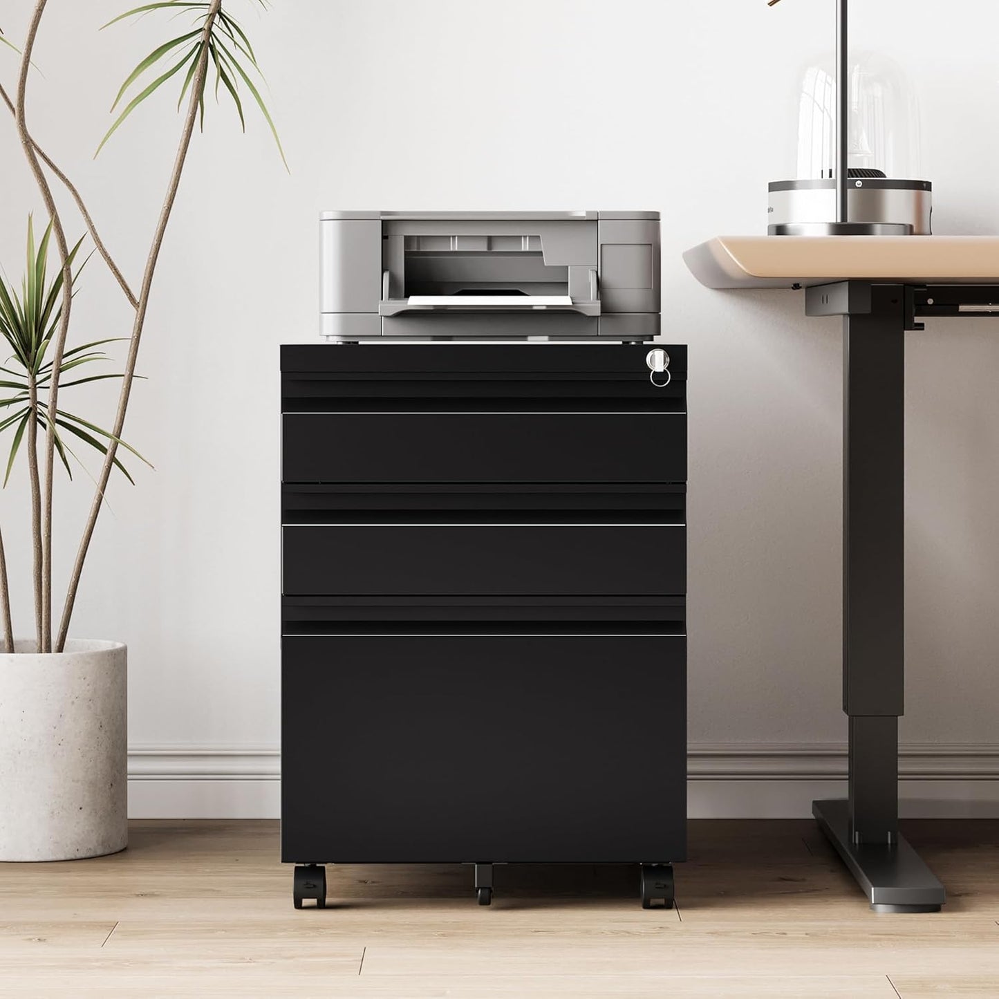 3 Drawer File Cabinet，Mobile Filing Cabinet with Lock and Wheels，Un-Assembled Metal Under Desk File Cabinets for A4/Letter/Legal Size（Black