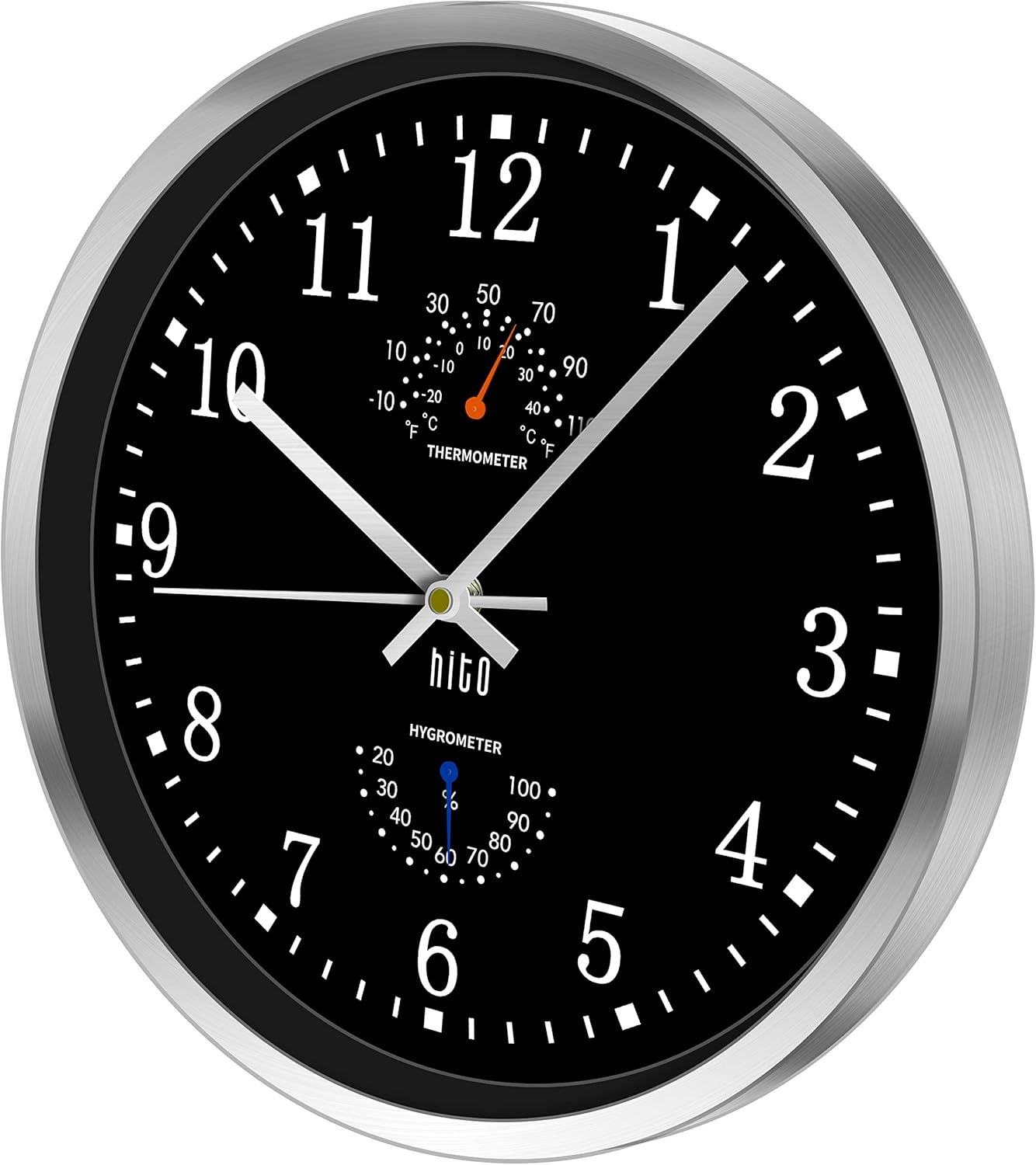 HITO 12 Inch Silent Wall Clock Battery Operated Non Ticking Glass Cover Silver Aluminum Frame, for Kitchen, Bedroom, Home Office, Living Room Decor (12" Black)