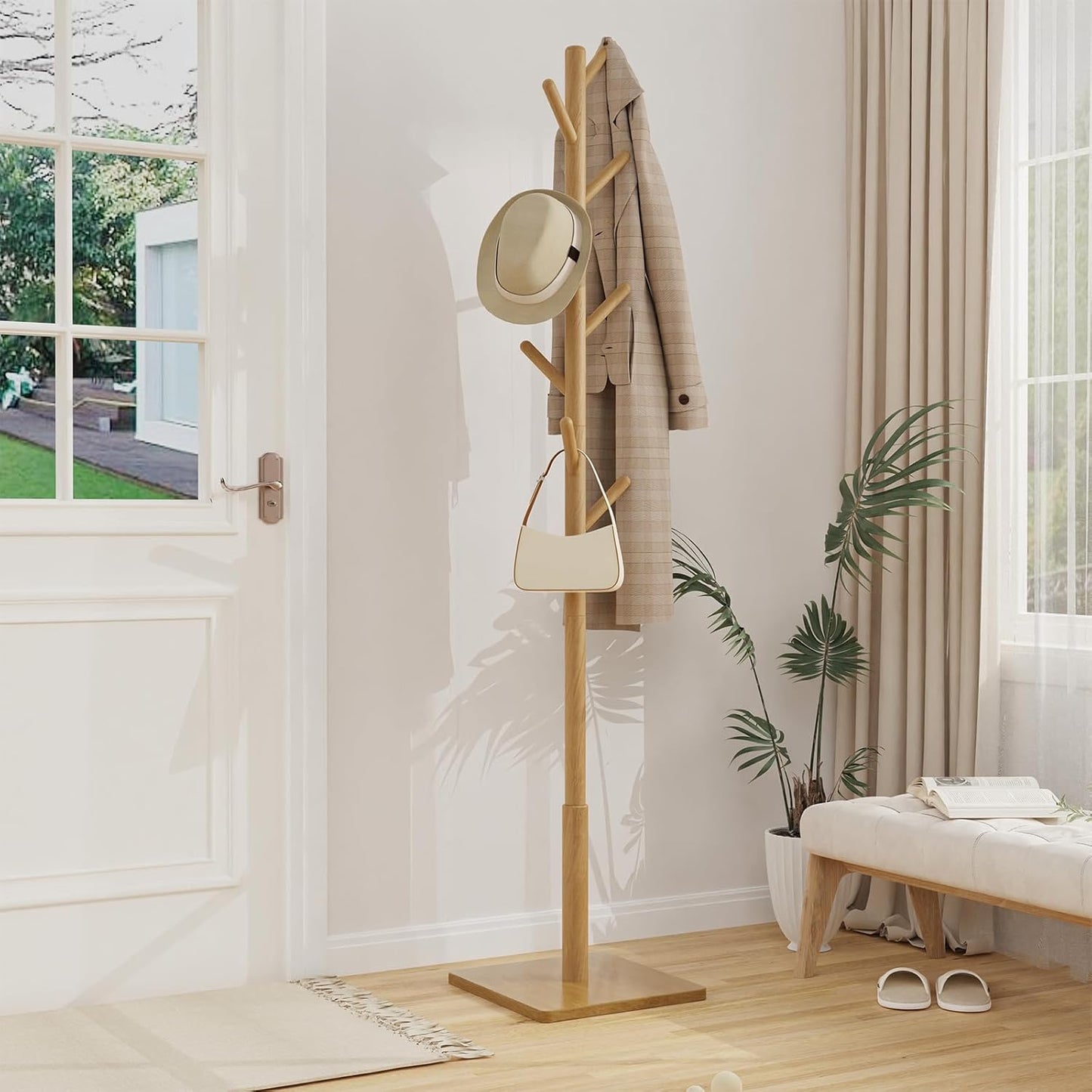 Coat Rack Freestanding with Stable Square Base for Cloathes, Hat, Used in Bedroom, Office and Entryway, Sturdy and Easy Assembly Coat Tree with 3 Adjustable Sizes and 8 Hooks, Natural