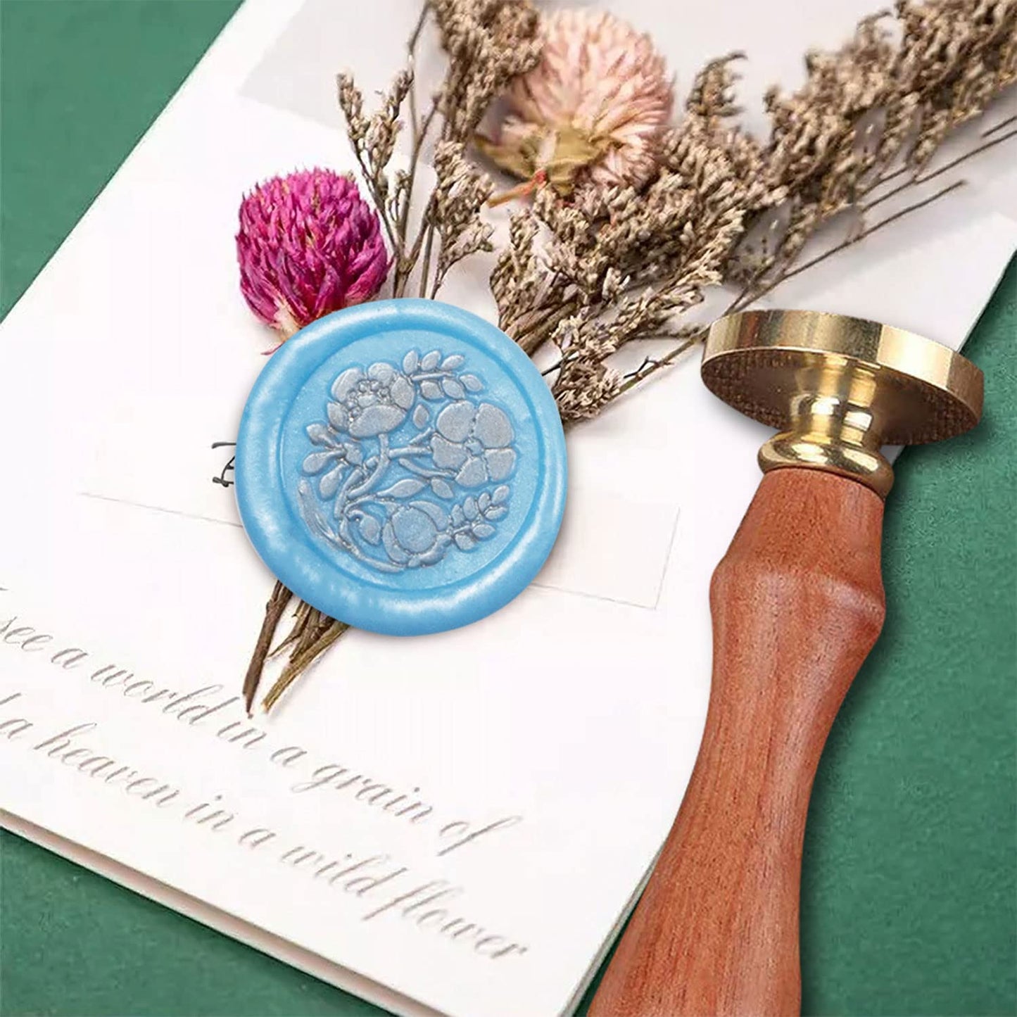 Wax Seal Stamp, Brass & Rosewood Handle, Three Flowers, 0.98" Diameter, 3.54" Length, Clear Color, Craft & Stationery Use