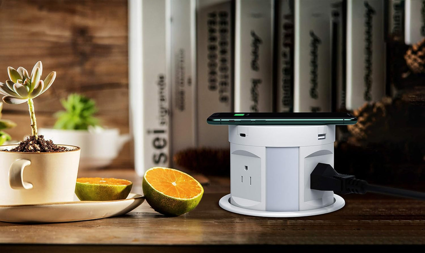 Automatic Pop up Outlet, Wireless Charger Power Strip Surge Protector Recessed Outlet, 4 AC Plug + Type-A and Type-C USB Port Outlets for Countertop Kitchen Island Conference Workbench, ETL Listed