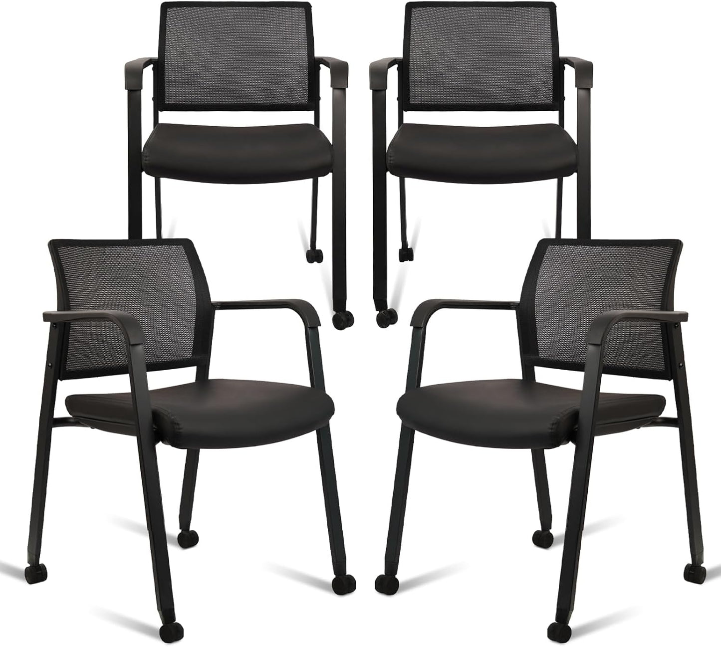 CLATINA Stacking Office Chair with Wheels, Mesh Back Waiting Room Guest Chairs with Arms Comfortable Leather Cushion Stackable Desk Chair for Conference Reception School Side Stationary, Black, 4PK