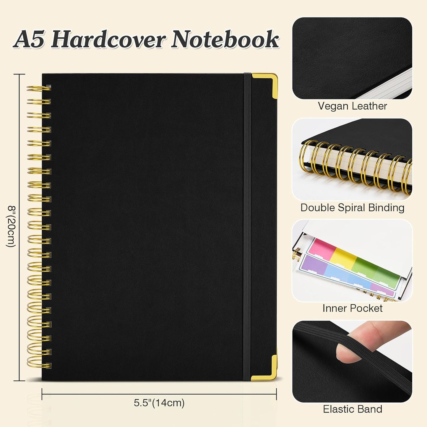 Graph Paper Notebook, Spiral Grid Notebook, Hardcover Leather Journal 300 Pages, 100gsm Thick Grid Paper Notebook, A5 Small Graphing Notebook Journal for Women Men Writing Engineering School Work