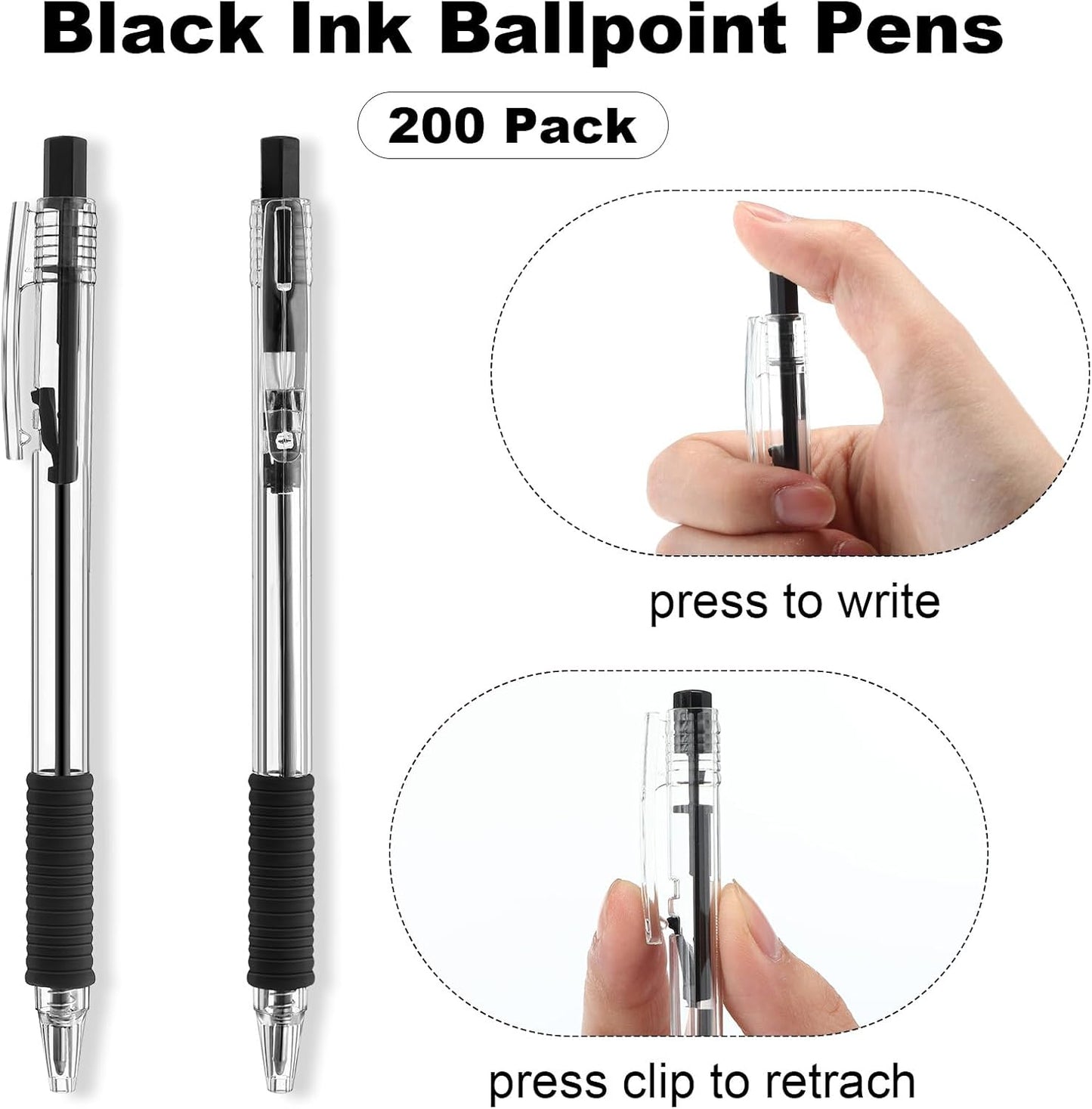 200 Pack Black Gel Ink Pens Bulk, 1.0mm Retractable Click Point Ballpoint Pens Smooth Writing with Comfortable Grip for Back to School Office Classroom Business Home Work Supplies