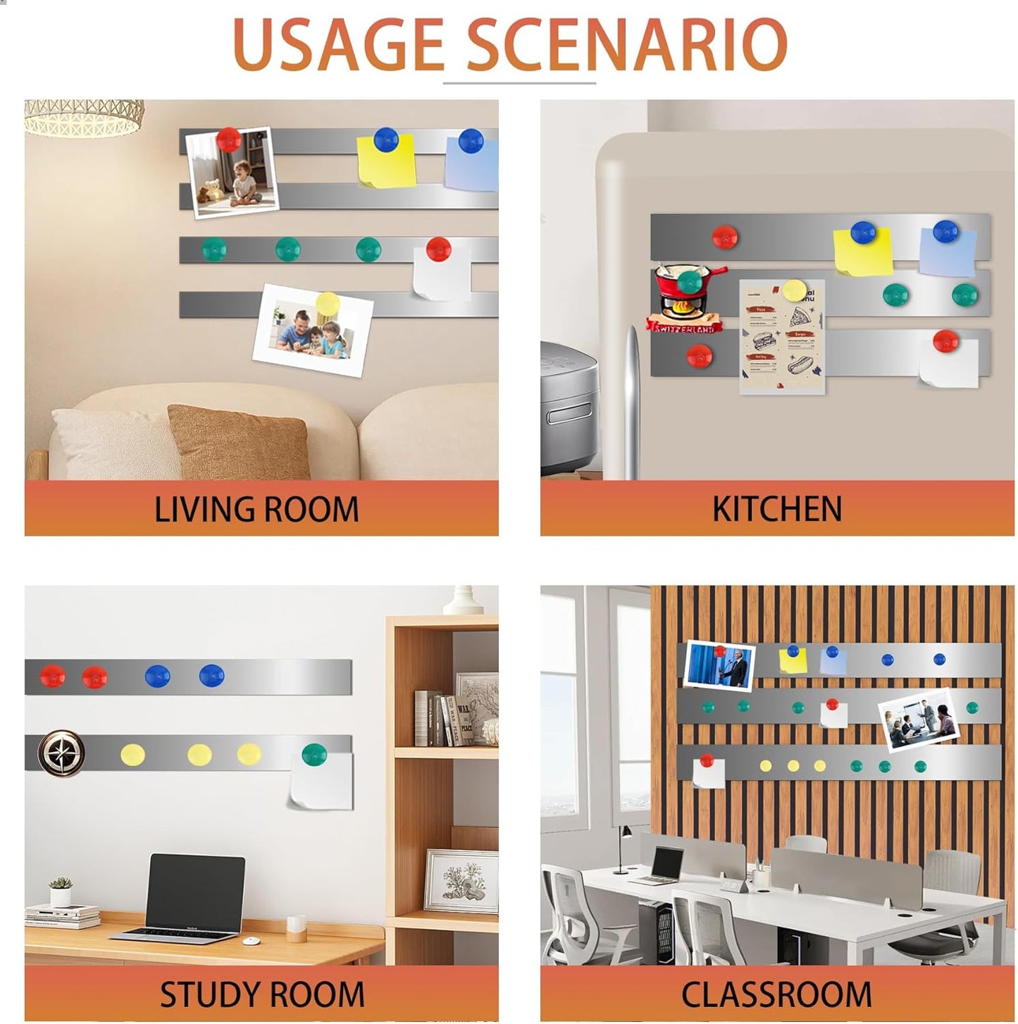 Self Adhesive Backing Metal Strip for Magnets, Flexible Ferrous Memo Tapes Roll for Bulletin Boards in Studio, Office, School (Glossy Silver, 118''L x 1.57''W, Contains 30 Magnets)