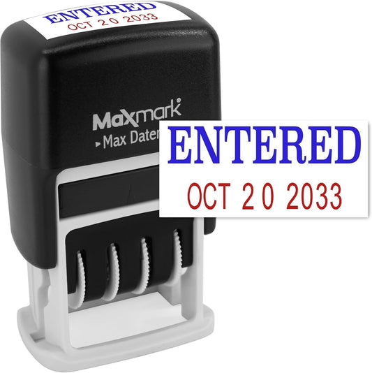 MaxMark Self-Inking Rubber Date Office Stamp with Entered Phrase Blue Ink & Date RED Ink (Max Dater II), 12-Year Band