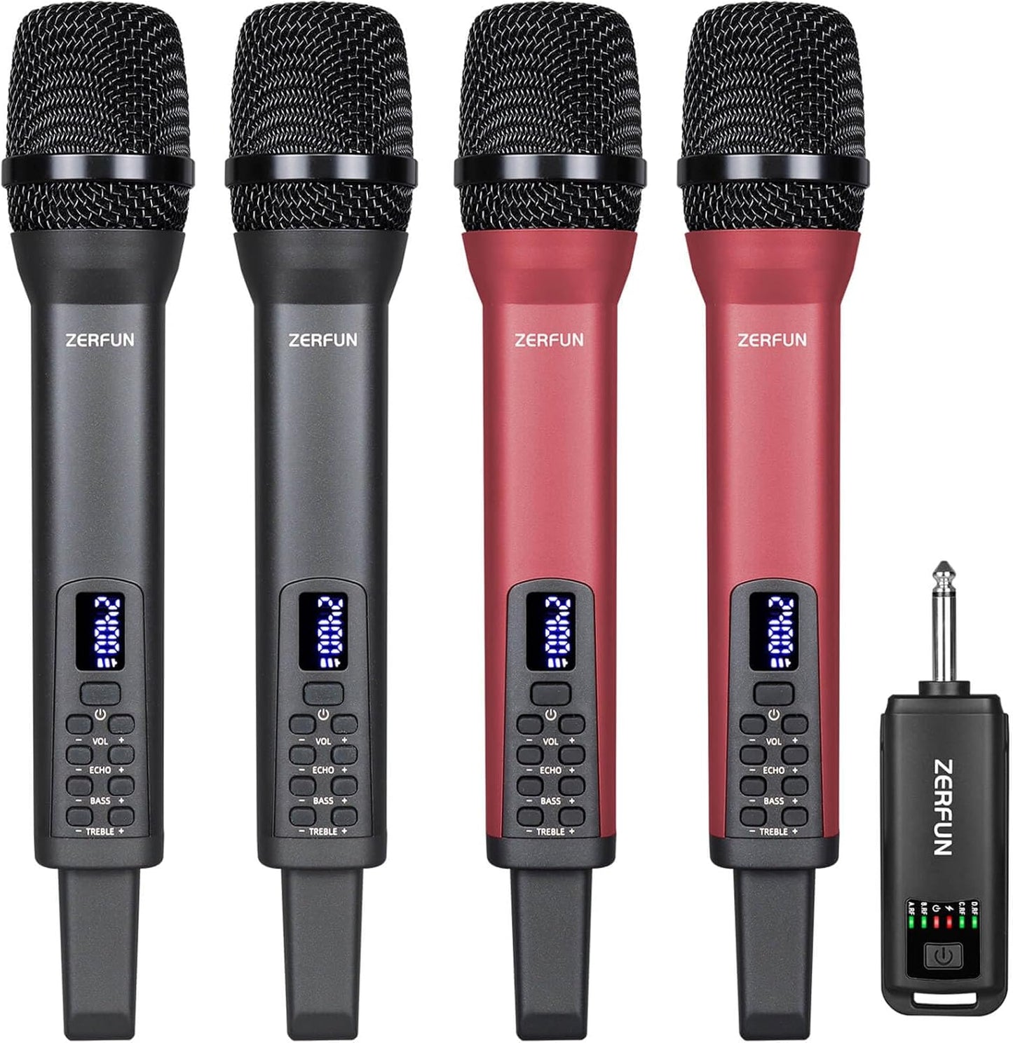 Rechargeable Wireless Microphones 4, Pro Handheld Cordless Mics System Dynamic with Echo Treble BASS VOL Control for Karaoke Singing Church Party, 1/4'' Output, D240, Grey&Red
