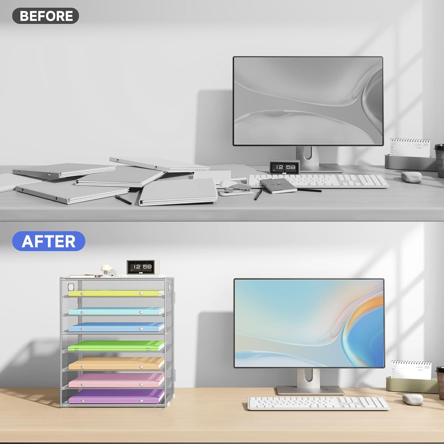 8 Tier Paper Organizer with Handle, Metal Mesh Desk File Organizer, Large Capacity Desk Organizers Paper Letter Tray Desktop Document Sorter for Office, Home or School - Silver