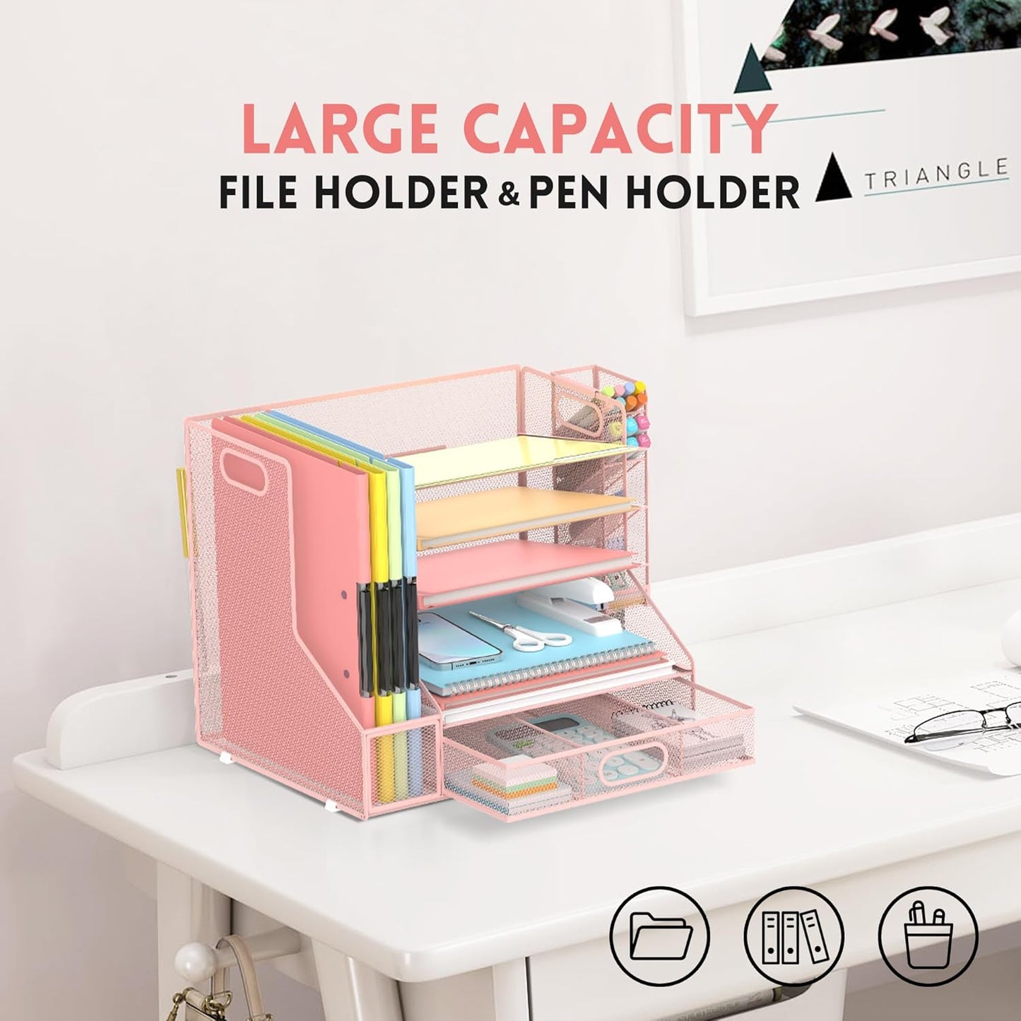 DALTACK Mesh Desk Organizer, 5-Tier Paper Letter Tray with File Holder & Pen Holder & Sliding Drawer, Desktop Organizer and Storage for Desk Accessories Office Supplies, Pink
