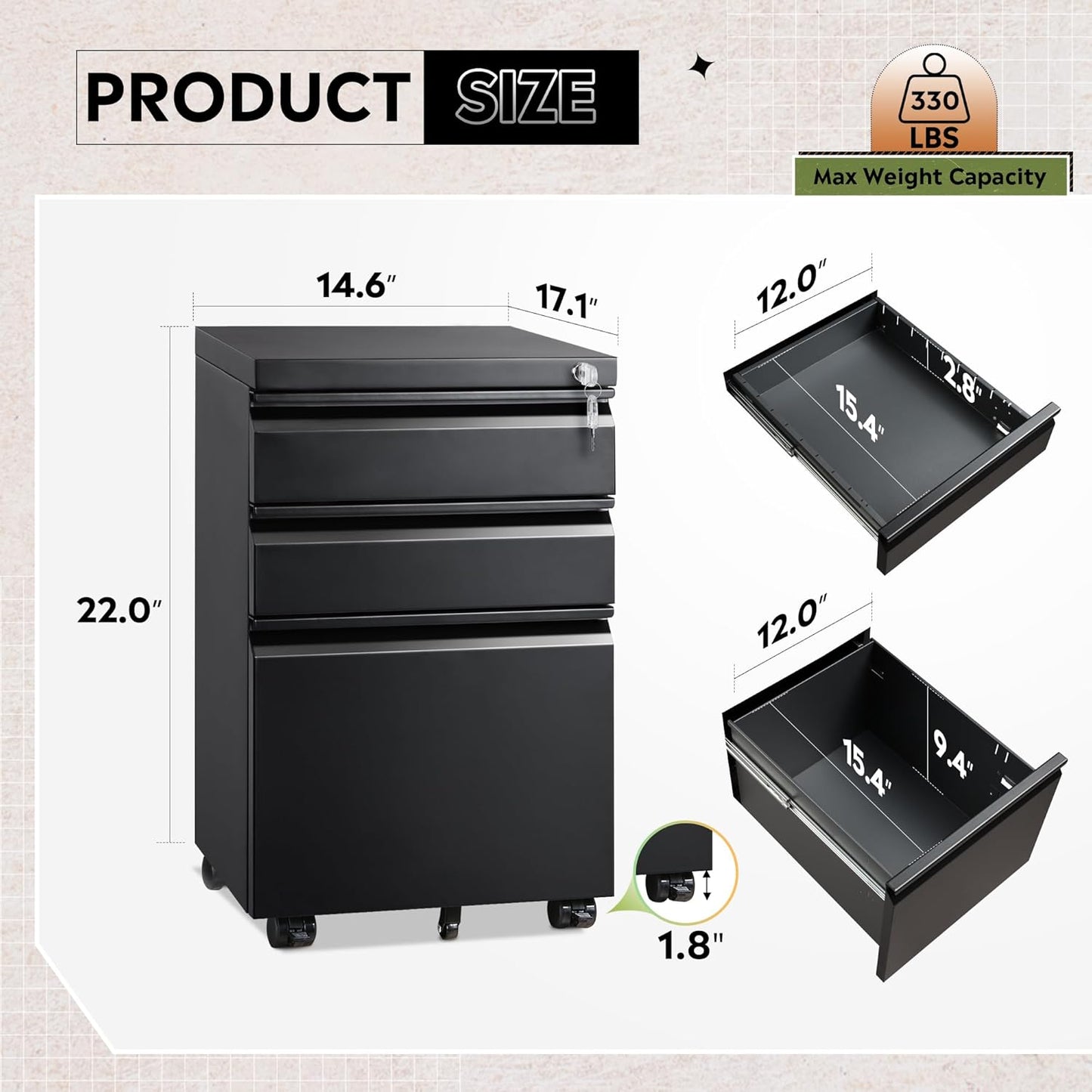 DEVAISE 3 Drawer Mobile File Cabinet Under Desk Office, Fully Assembled Except Casters, Letter/Legal Size, Black