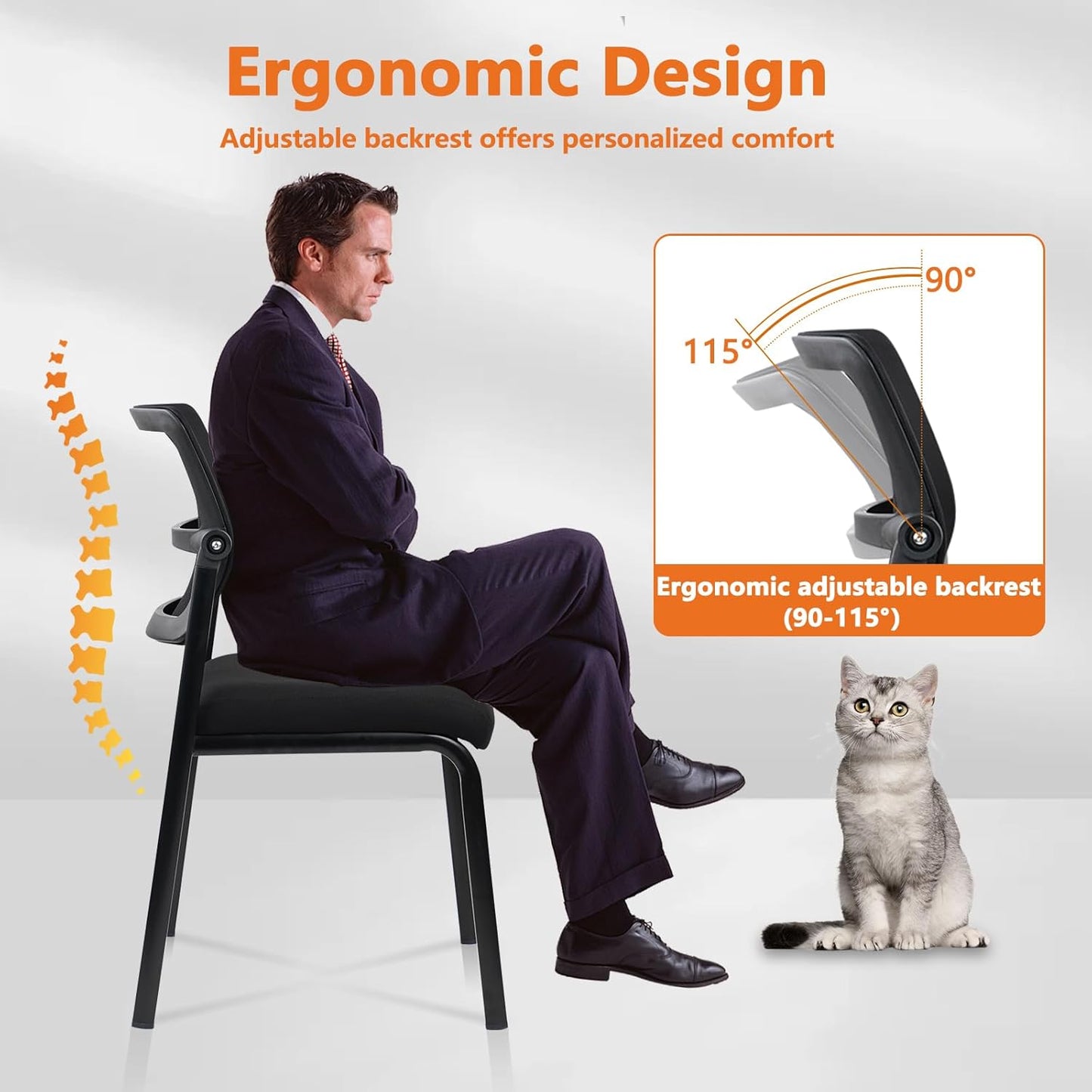 CLATINA Stacking Armless Office Waiting Room Chair with Adjustable Backrest, Stackable Mesh Guest Reception Desk Chairs with Ergonomic Lumbar Support for Conference Lobby Side School, Black, 4 Pack