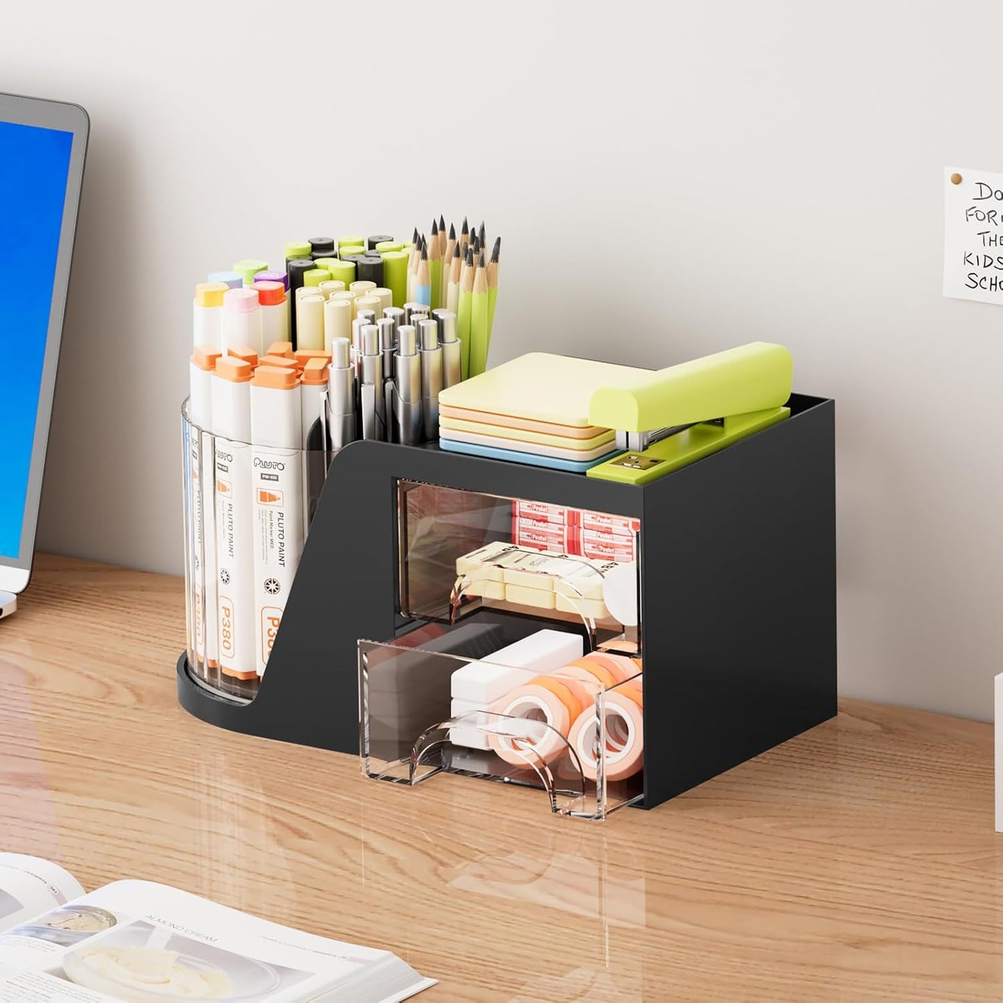 Marbrasse Desk Organizer with 2 Drawer, 360°Rotating Pen Holder, Desk Organizers and Accessories with 6 Slots Pencil Holder + 2 Drawer, Art Supply Storage Box Caddy for Office (Black)