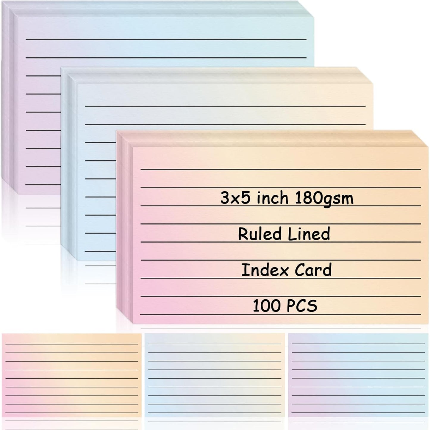 100 Pack Ruled Index Cards 3x5 Gradient Colored Index Cards Heavy Weight Note Cards 180gsm Flashcards Double Sided Notecards Lined Recipe Cards for Studying Drawing