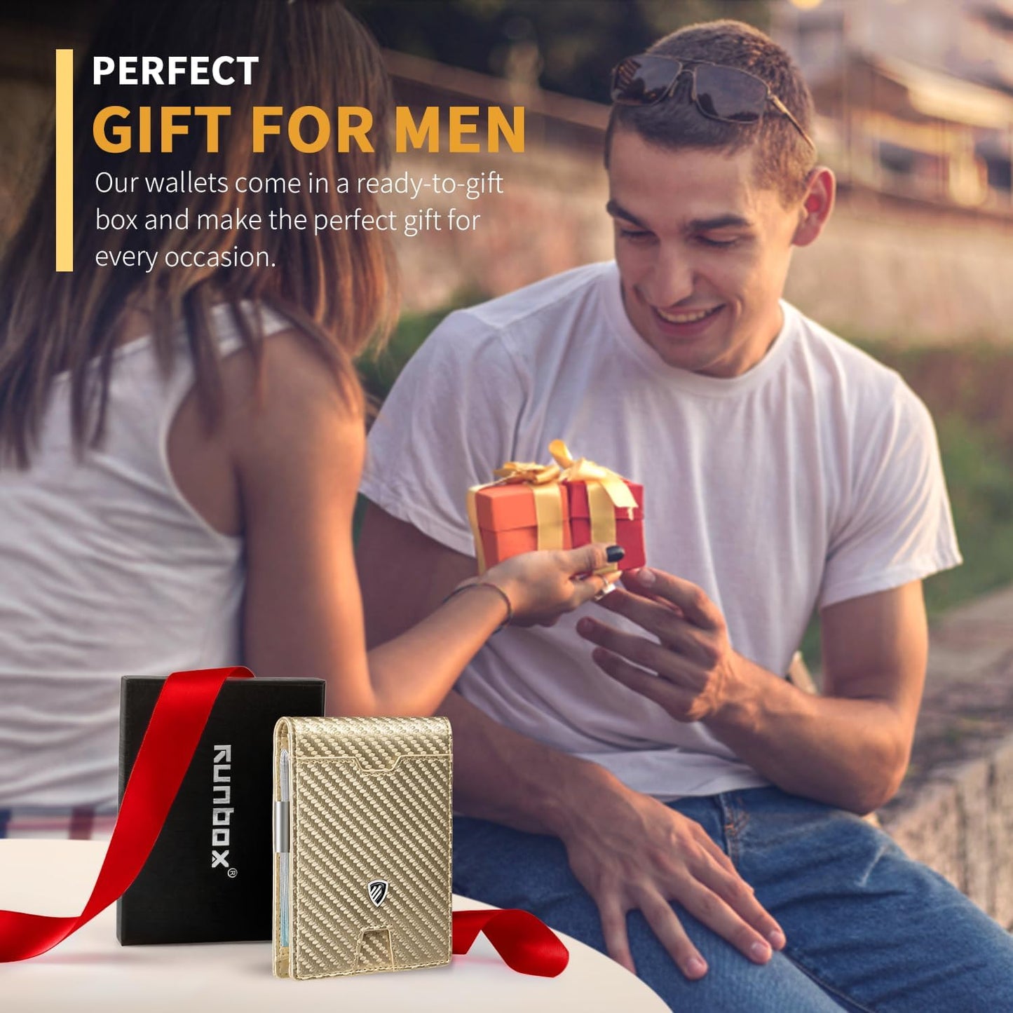 RUNBOX Mens Slim Wallet with Money Clip RFID Blocking Bifold Credit Card Holder for Men with Gift Box
