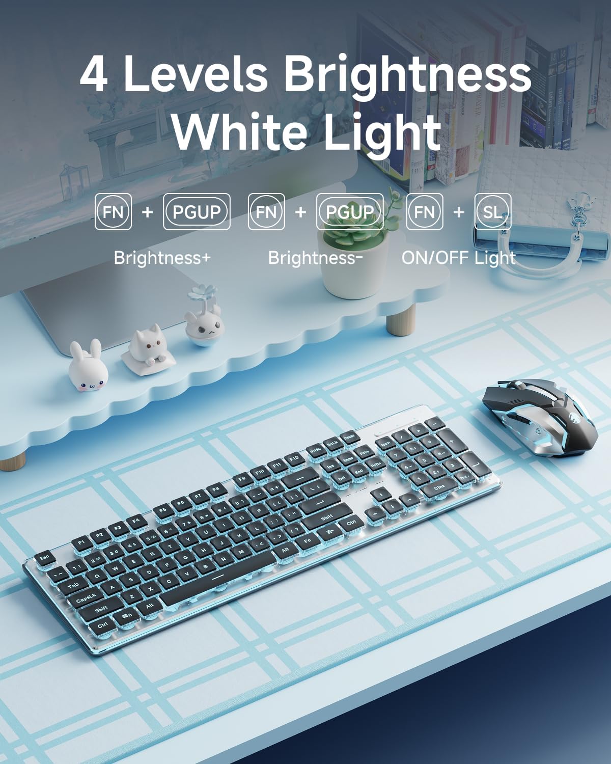 EWEADN V3 Wireless Keyboard and Mouse with Blue Backlit, Metal Panel, Bluetooth/2.4G Rechargeable Computer Keyboard and Mouse Combo Silent Lighted Full Size Cordless Keyboards-Black