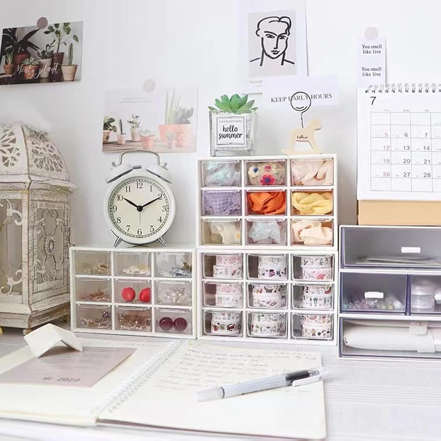 Feadily 2PCS Small Drawer Organizer for Desk, Desktop Drawer Organizer with 9 Clear Drawers, Plastic Desktop Storage Drawers 7.1 Inch x 3 .9 Inch x 4.7 Inch, White