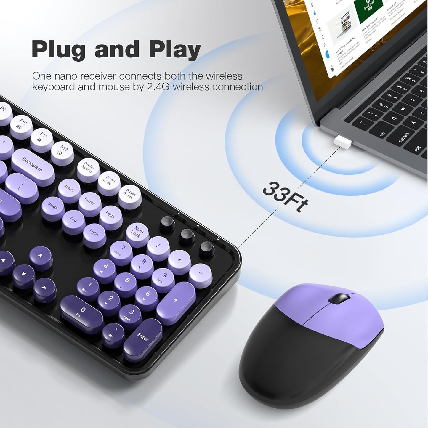 MOFII Wireless Keyboard and Mouse Combo, 2.4GHz Retro Typewriter Keyboard Full Size, Cute Wireless Mice, USB Dongle Plug and Play, for Laptop, PC, Desktop, Windows (Black Purple Gradient Color)