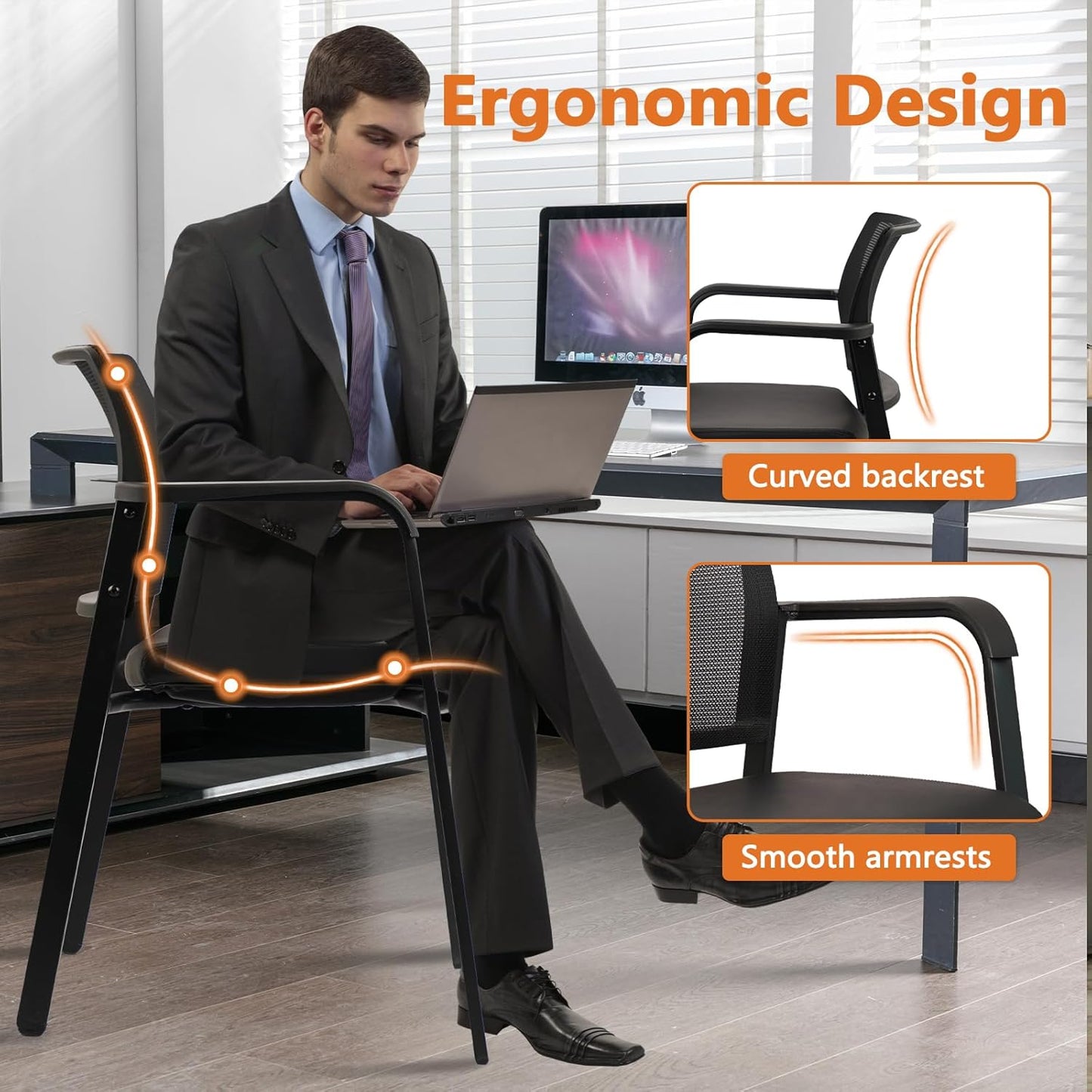 CLATINA Stackable Office Chair, Mesh Back Guest Chairs with Comfortable Leather Seat Arms Stacking Ergonomic Desk Chair No Wheels for Conference Waiting Reception School Stationary, Black, Set of 2