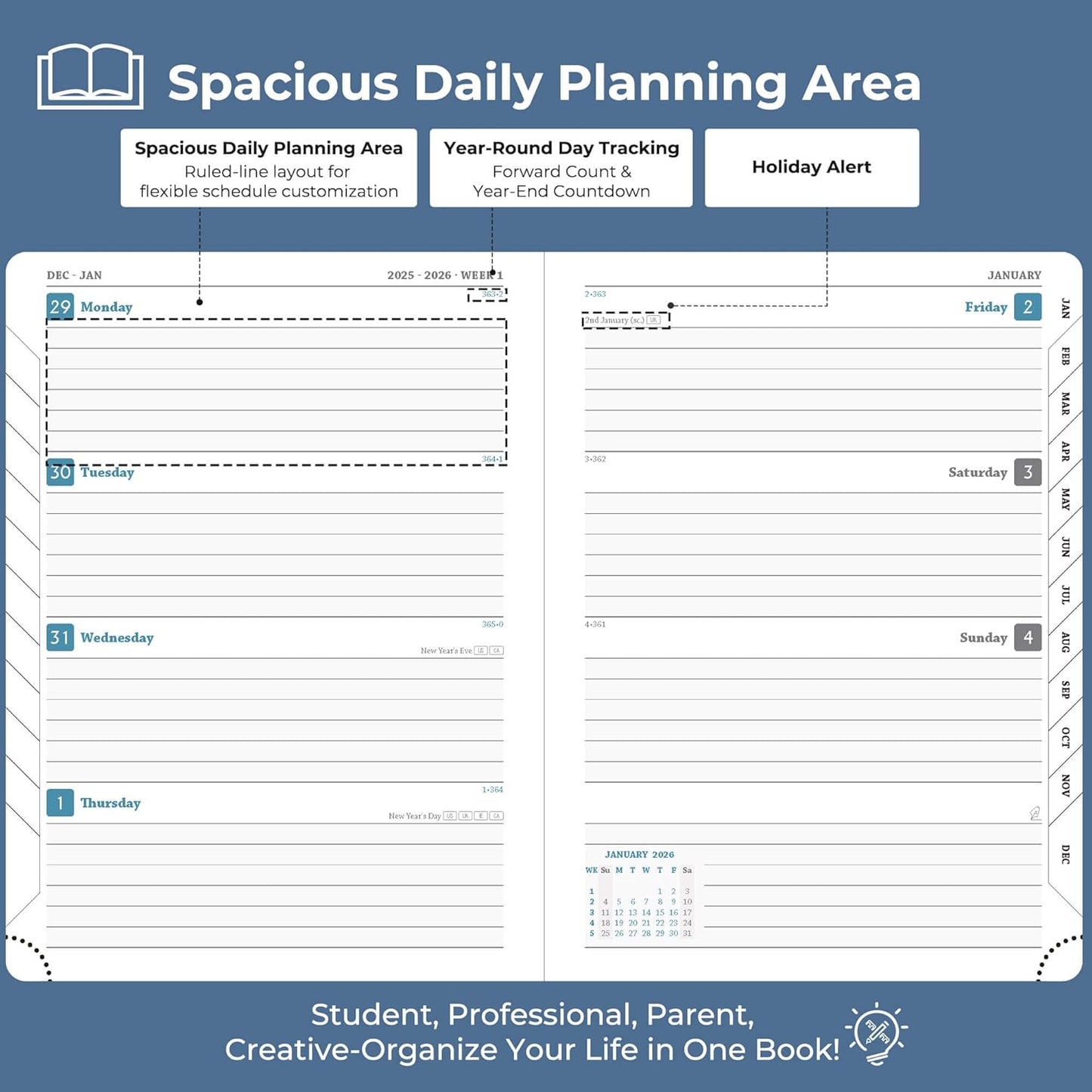Planner 2026 Daily Weekly and Monthly,8.5"x6.5",12 Months Spiral Bound Calendar Agenda with Self-adhesive Pen Holder,2026 Appointment Book with Vegan Leather Soft Cover,Blue
