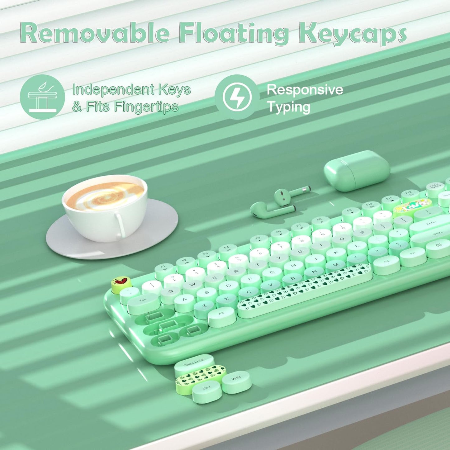Wireless Keyboard Mouse Set,MOFII 104 Round Keys Lovely Retro Cute Colorful Computer Typewriter Keyboard and Mouse for PC/Mac/Laptop/Tablet/Computer/Windows Green
