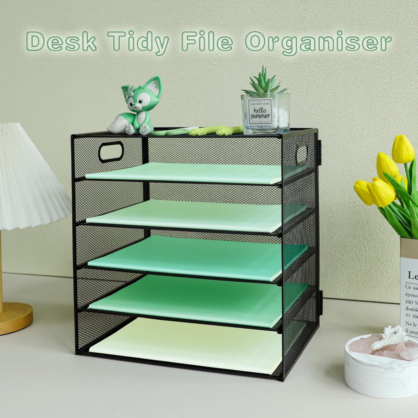 Paper Letter Tray with Handle, 5 Tier Metal Mesh Desk File Organizer, A4 Paper Desktop Filing Trays, Desk Tidy Magazine Document Holder for Home Office, Black