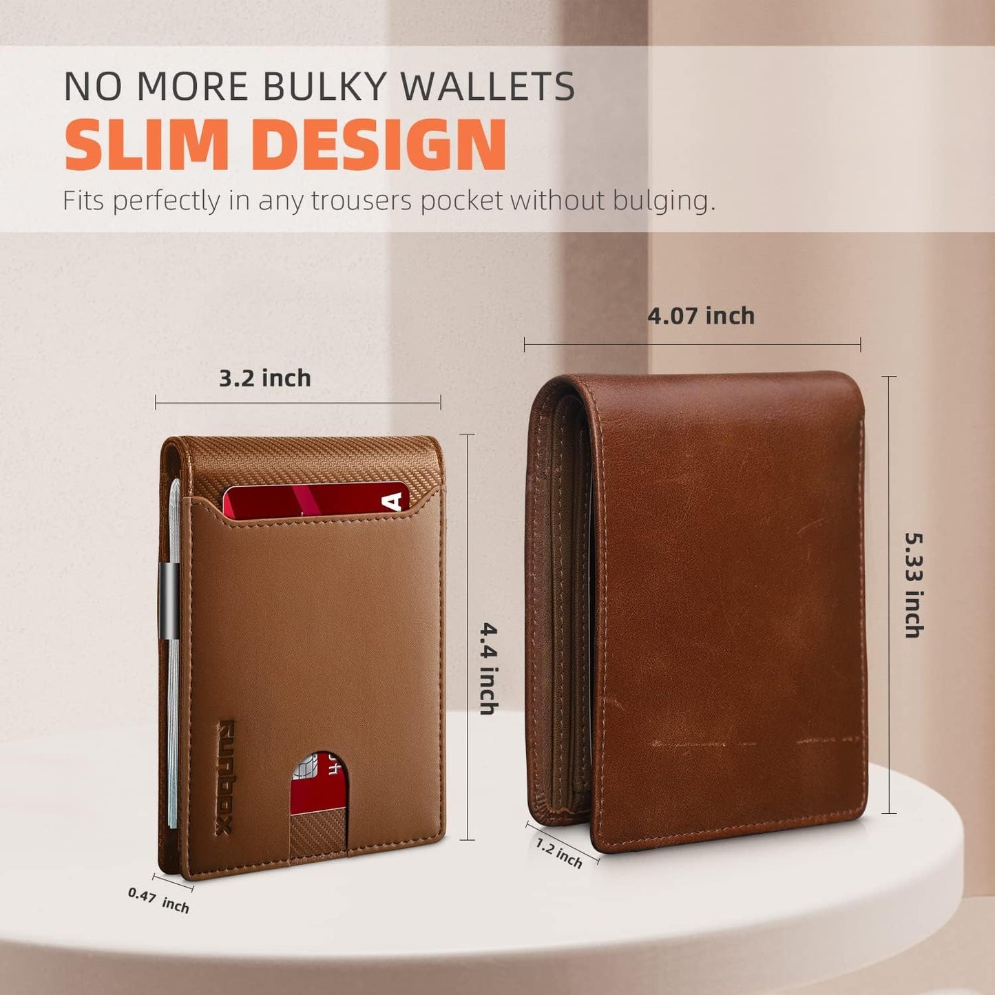 RUNBOX Slim Wallets for Men - Leather Money Clip Mens Wallet - RFID Blocking Front Pocket Bifold Wallet - Thin Credit Card Holder with Gift Box