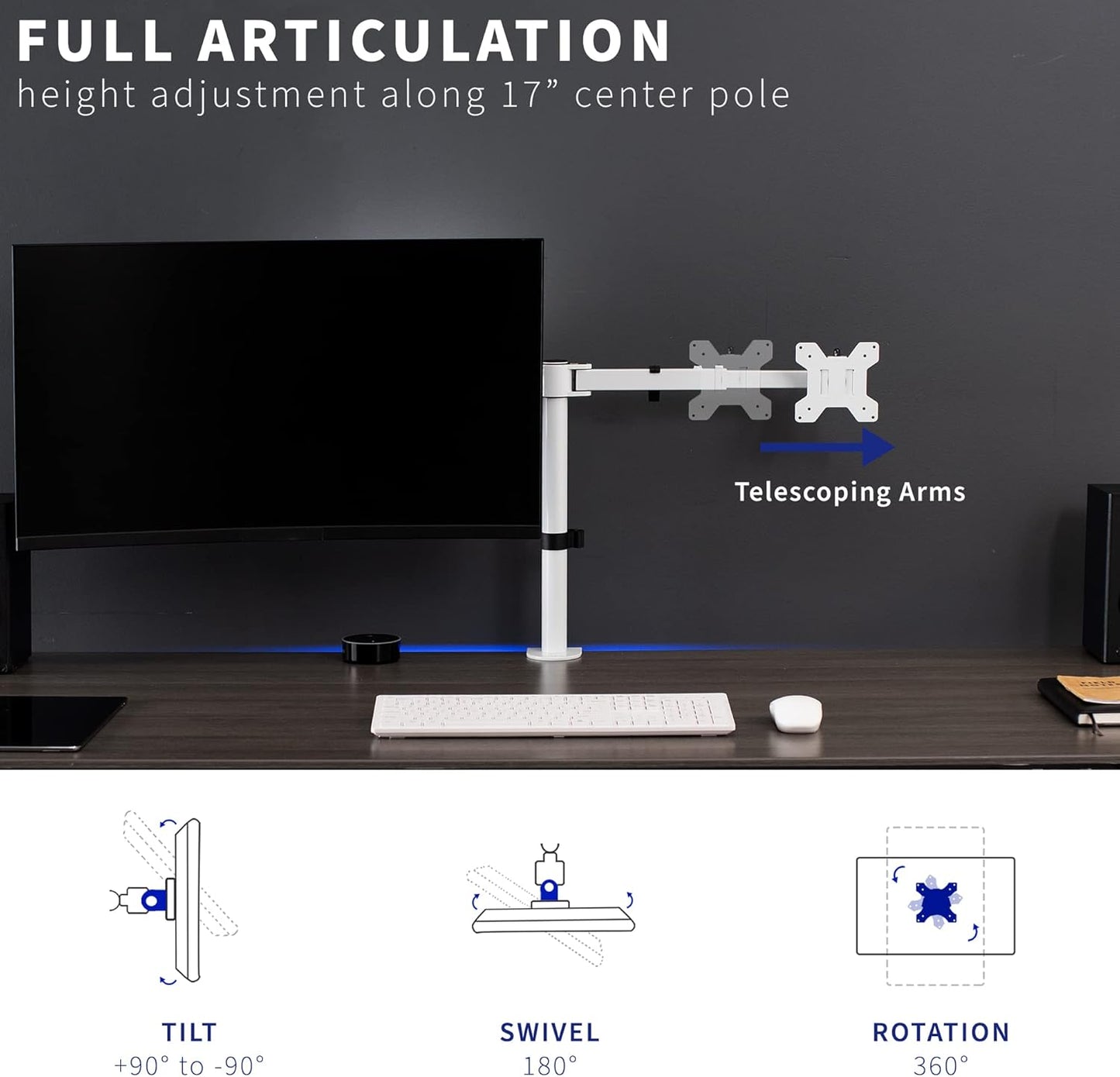 VIVO Dual LCD LED 21 to 32 inch Monitor Desk Mount, Heavy Duty, Adjustable Telescoping Arms, Flush Wall Setup, Fits 2 Screens, White, STAND-V002EW