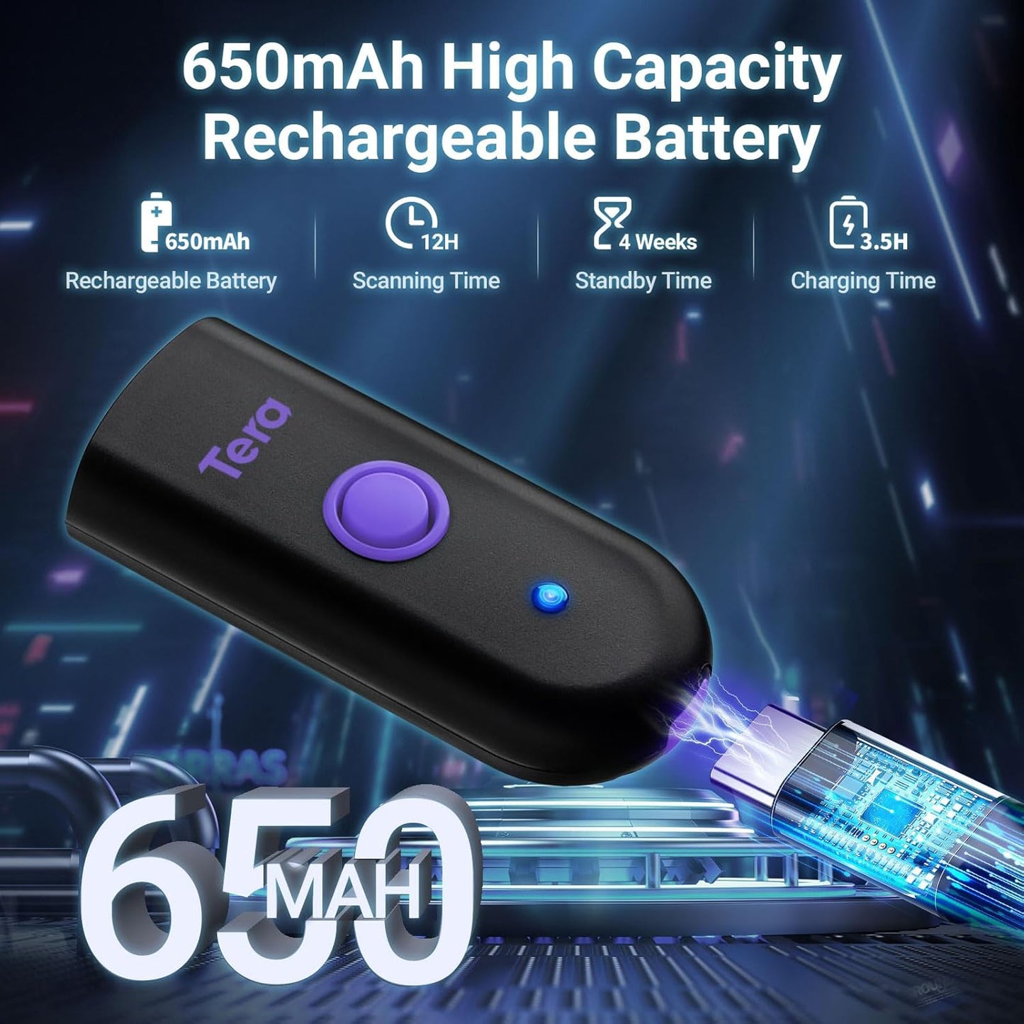 Tera Mini 1D Barcode Scanner: Pocket Waterproof Wireless Laser Scanner 3 in 1 Compatible with Bluetooth USB Wired Portable Bar Code Reader for Logistics Work with iOS Windows Android 1100L Purple