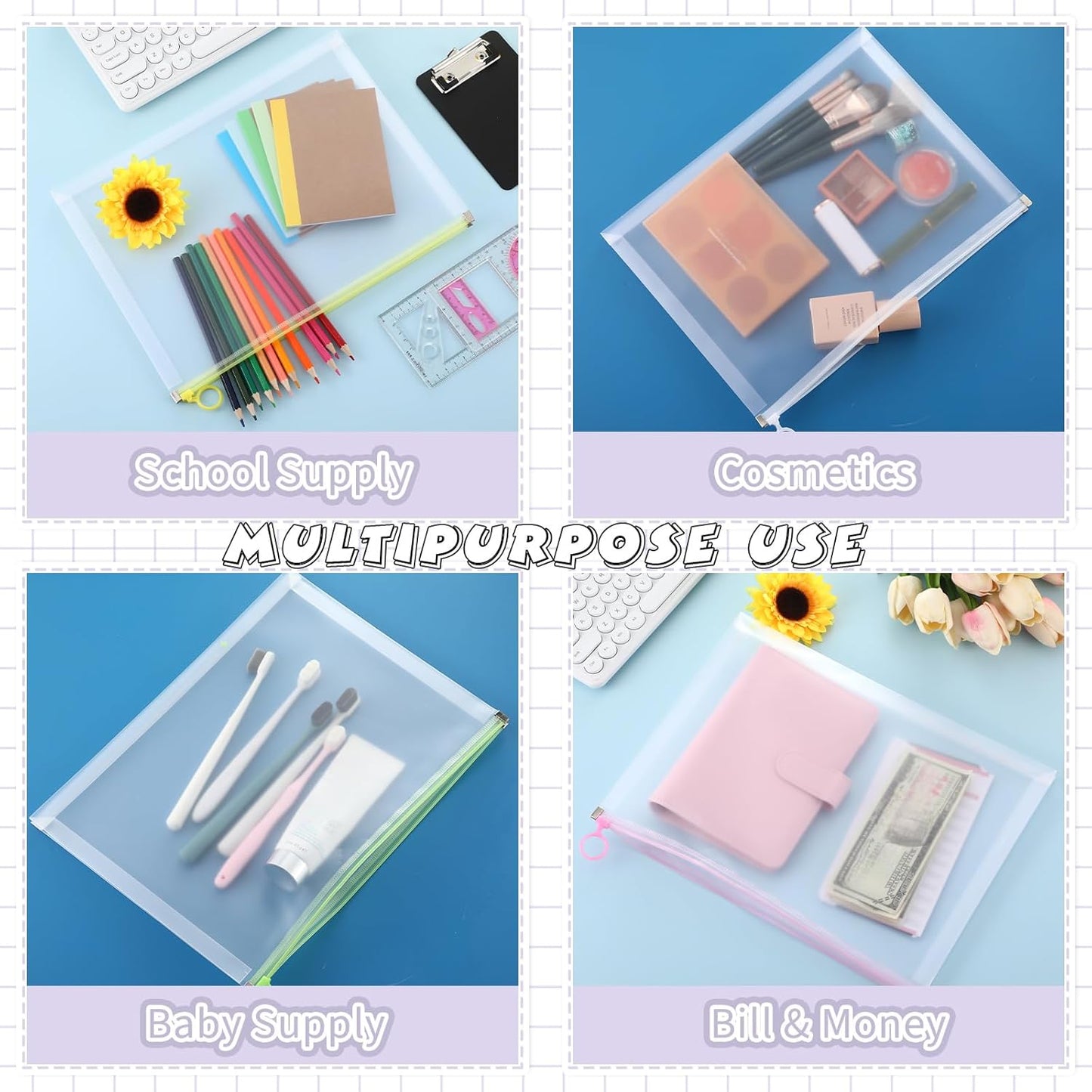 Yexiya 14 Pcs Back to School Clear Plastic Zip Envelope A4 Zipper Document Folder 13 x 9.7In File Folder Expanding Envelope Pouch for Paper Pencil Storage Office Supplies (Stylish Colors)