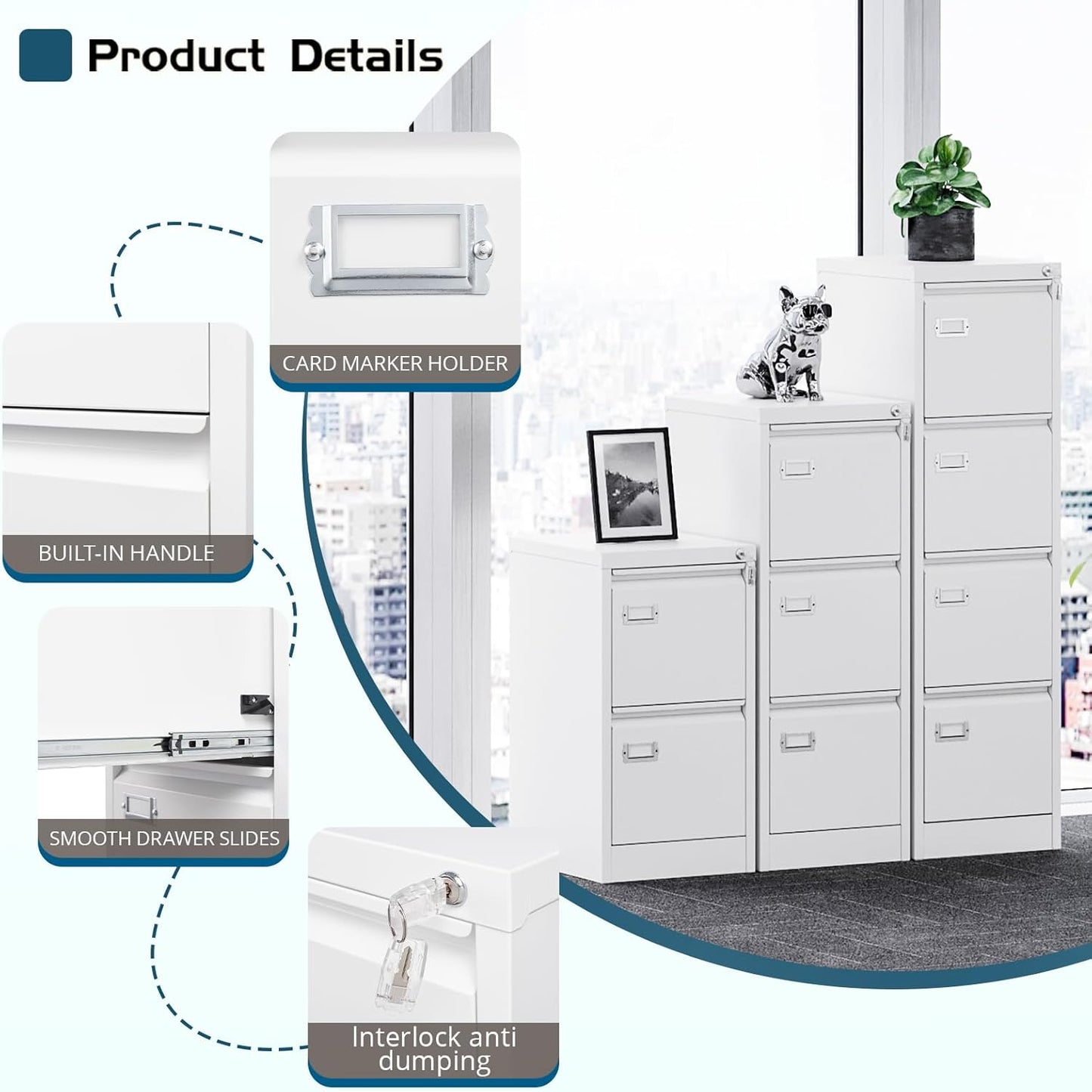 MIIIKO White 2 Drawer File Cabinet, Vertical Filing Cabinet with Lock, Home Office Storage Cabinet for Letter Legal A4 File Size